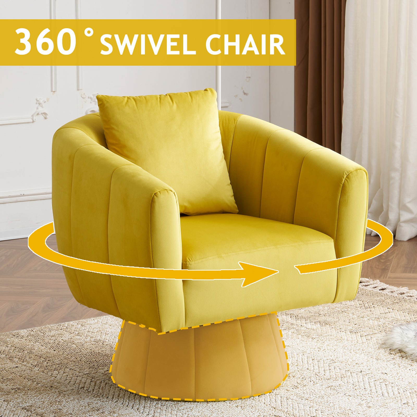 HAOYYE 360° Swivel Accent Chair, Modern Velvet Fabric Armchair, Fluffy Cushioned Comfy Chair, Wide Upholstered Barrel Chair For Living Room, Bedroom, Lounge, Office, Yellow Cozy Velvet Chair