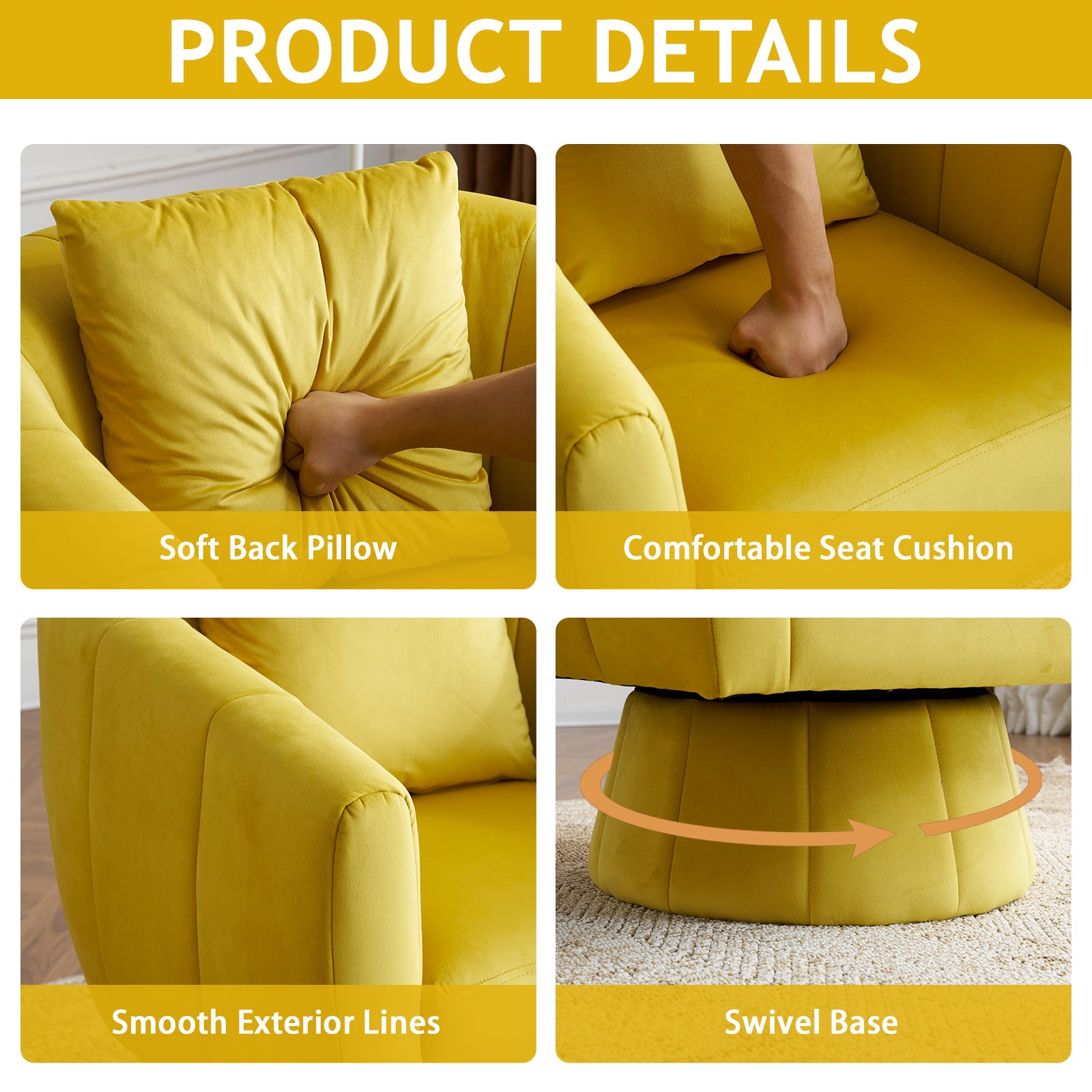 HAOYYE 360° Swivel Accent Chair, Modern Velvet Fabric Armchair, Fluffy Cushioned Comfy Chair, Wide Upholstered Barrel Chair For Living Room, Bedroom, Lounge, Office, Yellow Cozy Velvet Chair