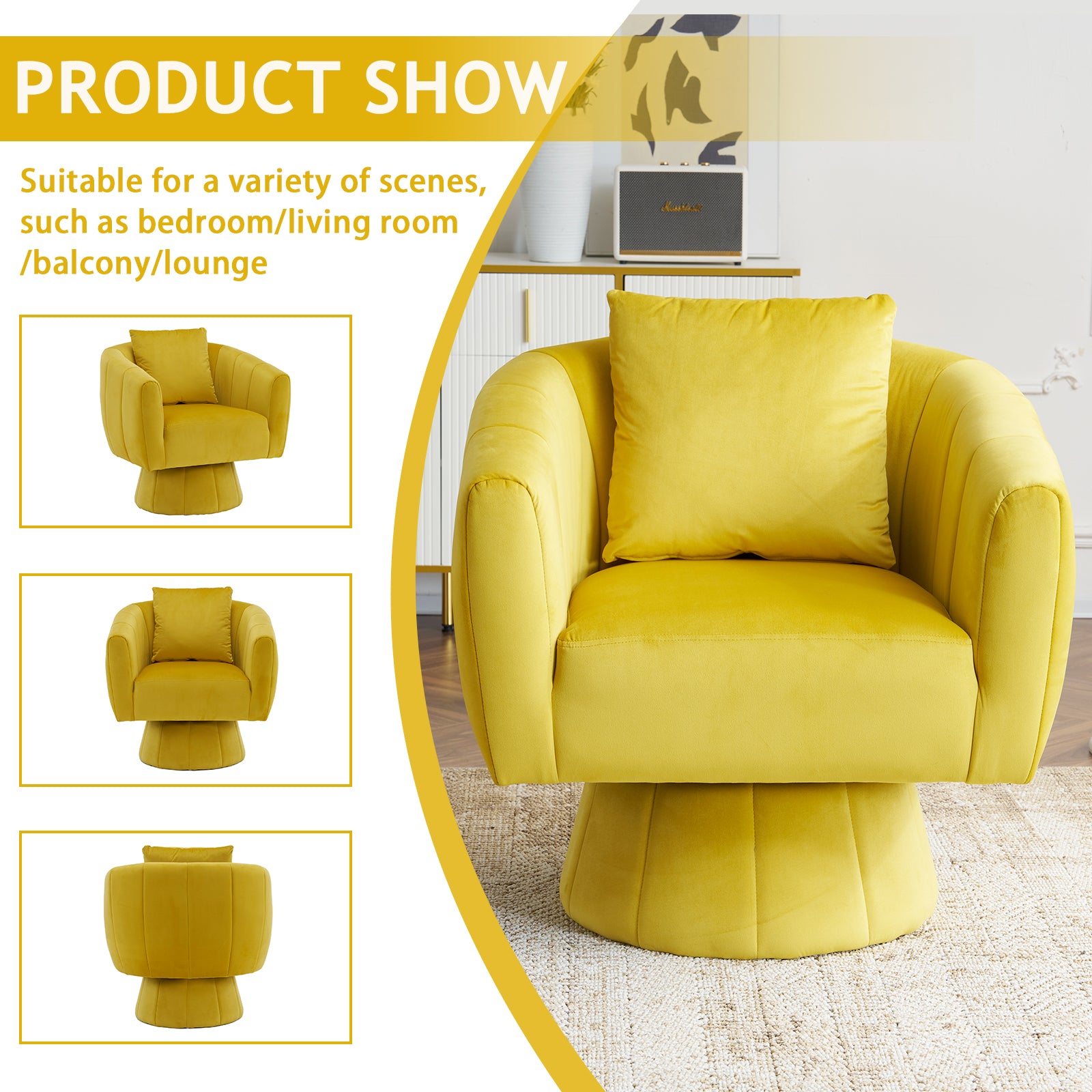 HAOYYE 360° Swivel Accent Chair, Modern Velvet Fabric Armchair, Fluffy Cushioned Comfy Chair, Wide Upholstered Barrel Chair For Living Room, Bedroom, Lounge, Office, Yellow Cozy Velvet Chair