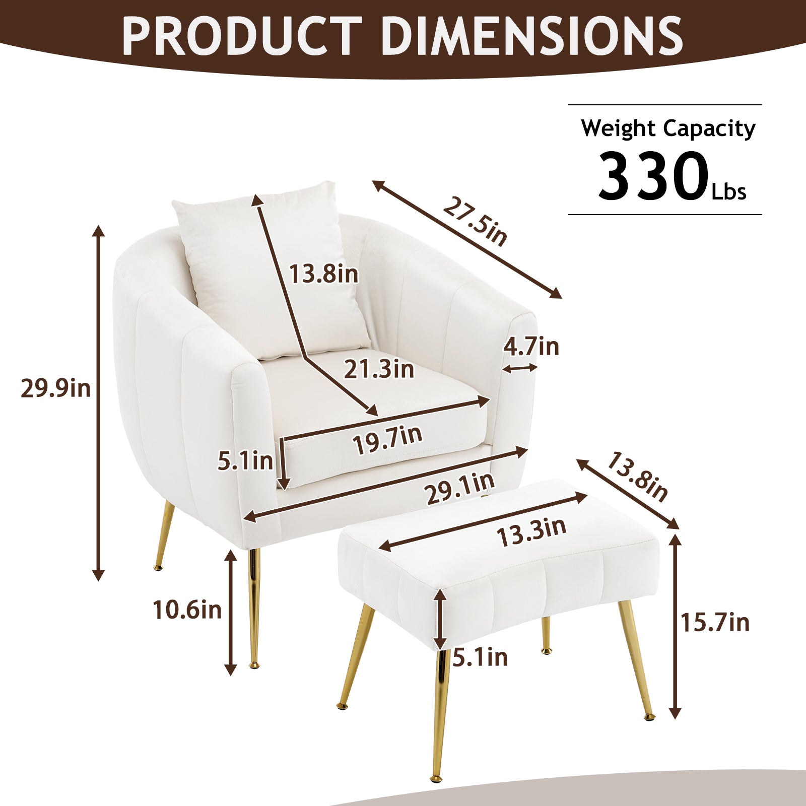 HAOYYE Velvet Accent Chair Set, Barrel Chair with Ottoman, Modern Club Chair, Reading Armchair with Lumbar Pillow, Ideal for Living Room, Bedroom, Study Room, Home Office, Off-White Finish, Soft and Comfortable Upholstery