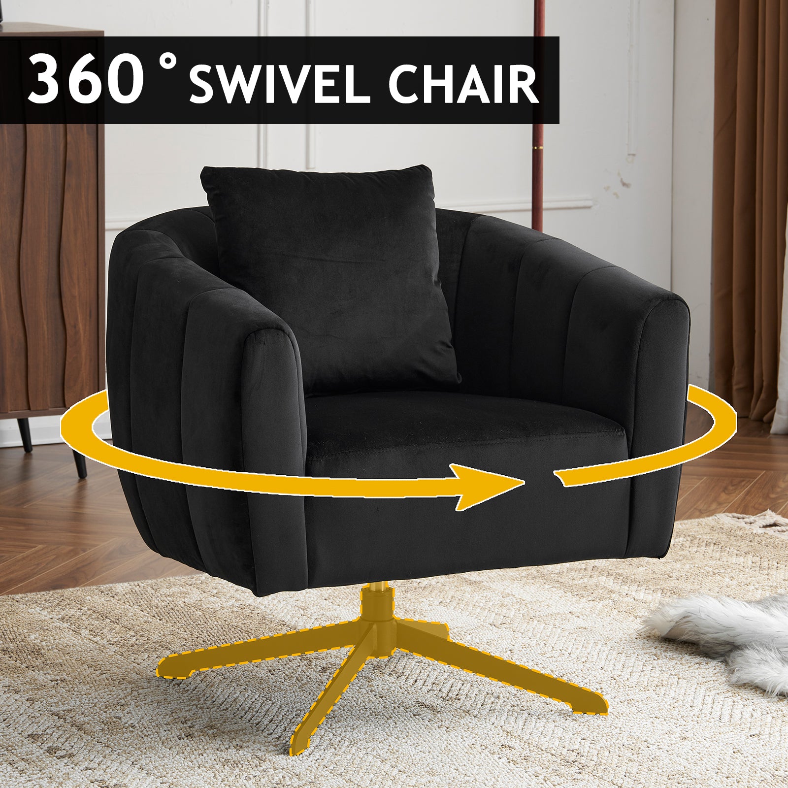HAOYYE 360° Swivel Accent Chair, Modern Velvet Fabric Armchair, Wide Upholstered Design with Fluffy Cushion and Metal Legs, Comfortable Barrel Chair for Living Room, Lounge, and Office, Black Finish, Stylish and Elegant Upholstery