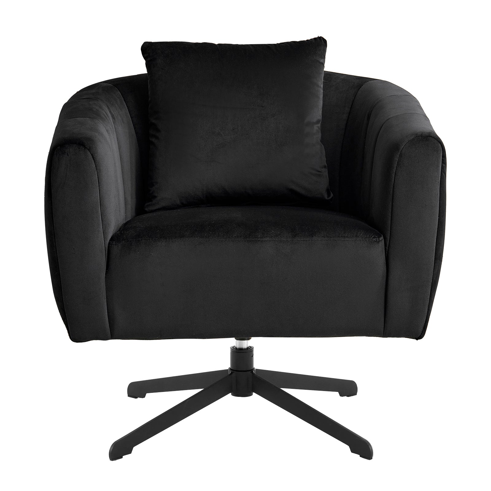 HAOYYE 360° Swivel Accent Chair, Modern Velvet Fabric Armchair, Wide Upholstered Design with Fluffy Cushion and Metal Legs, Comfortable Barrel Chair for Living Room, Lounge, and Office, Black Finish, Stylish and Elegant Upholstery