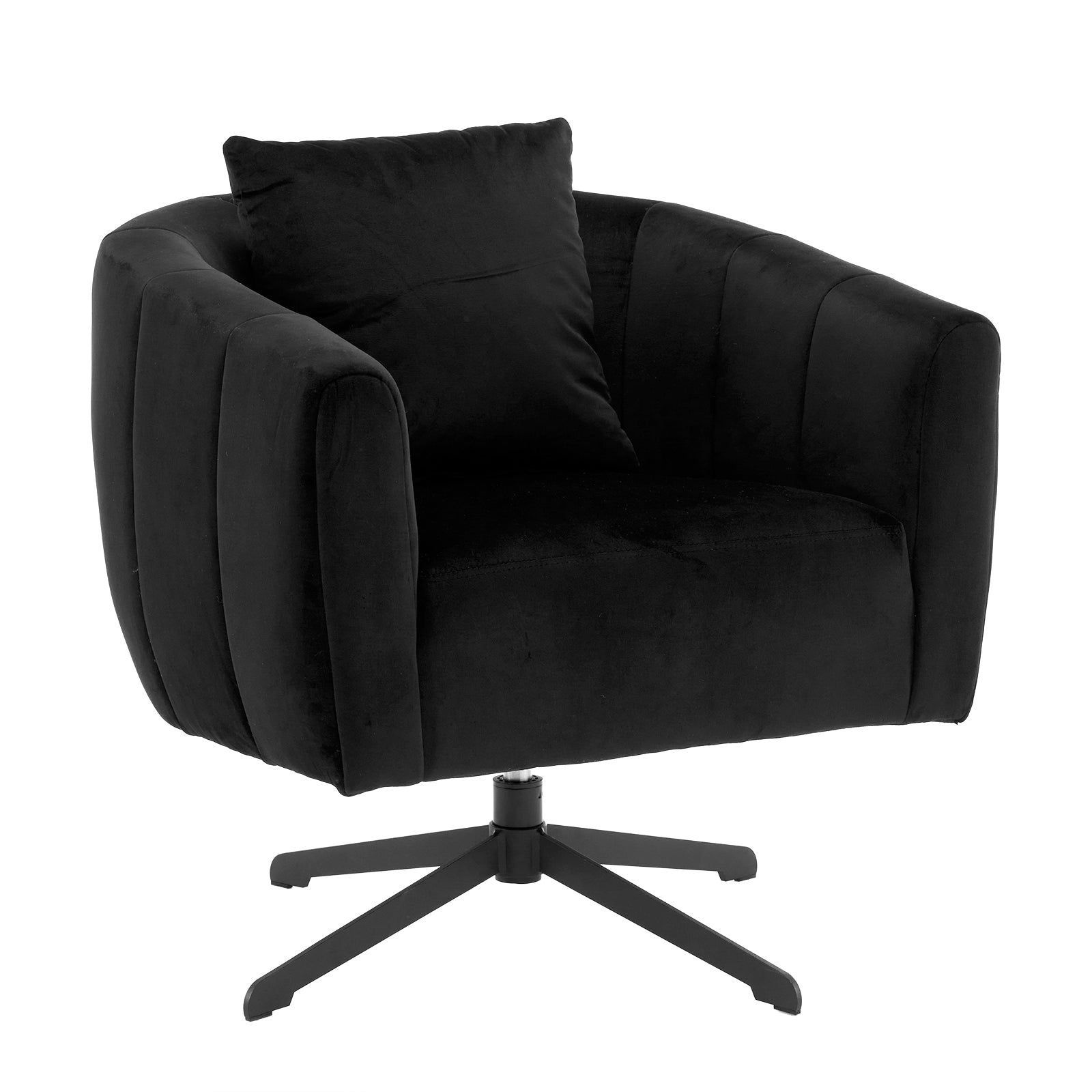 HAOYYE 360° Swivel Accent Chair, Modern Velvet Fabric Armchair, Wide Upholstered Design with Fluffy Cushion and Metal Legs, Comfortable Barrel Chair for Living Room, Lounge, and Office, Black Finish, Stylish and Elegant Upholstery
