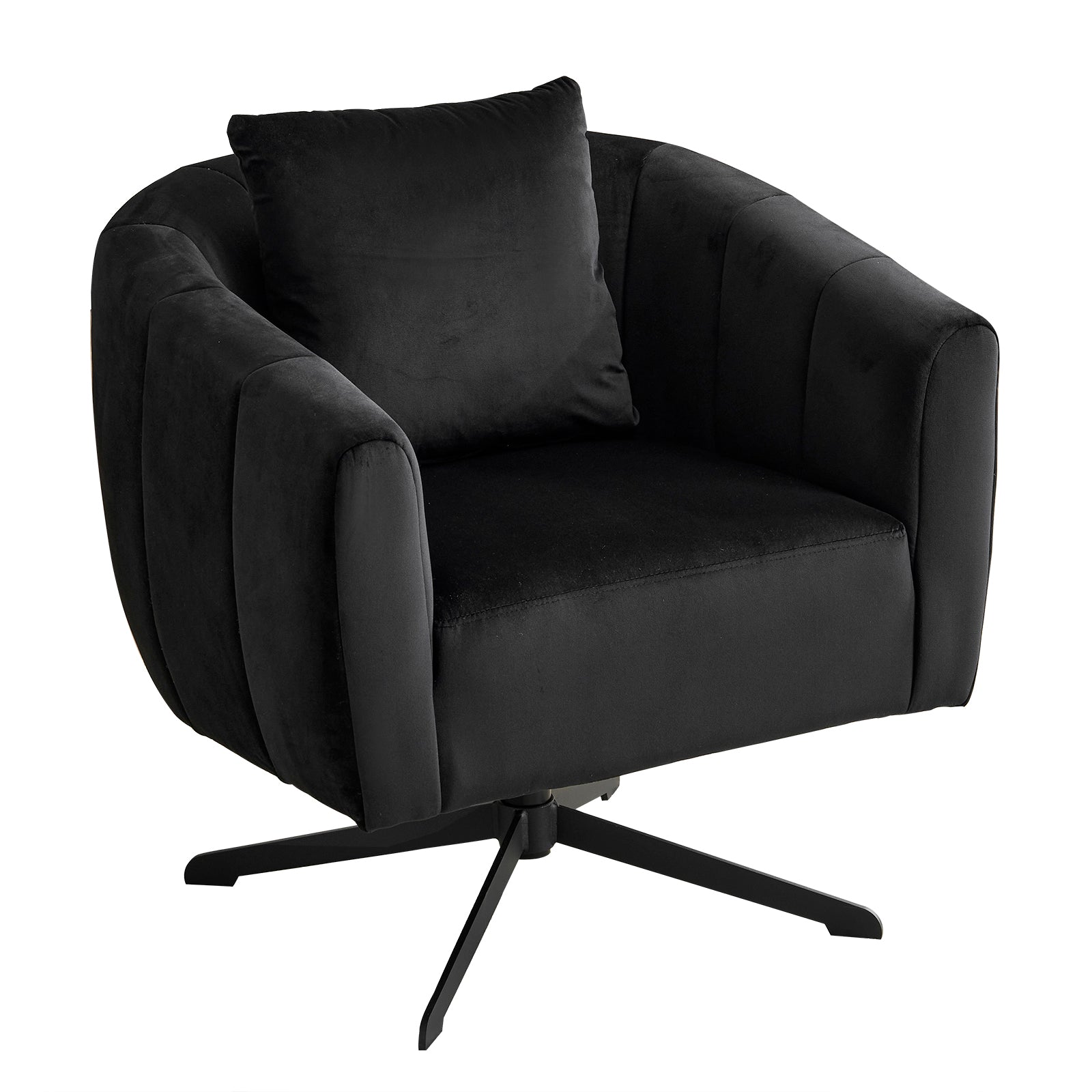 HAOYYE 360° Swivel Accent Chair, Modern Velvet Fabric Armchair, Wide Upholstered Design with Fluffy Cushion and Metal Legs, Comfortable Barrel Chair for Living Room, Lounge, and Office, Black Finish, Stylish and Elegant Upholstery