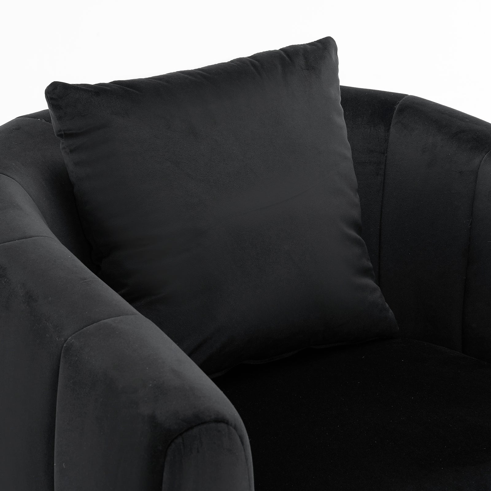 HAOYYE 360° Swivel Accent Chair, Modern Velvet Fabric Armchair, Wide Upholstered Design with Fluffy Cushion and Metal Legs, Comfortable Barrel Chair for Living Room, Lounge, and Office, Black Finish, Stylish and Elegant Upholstery