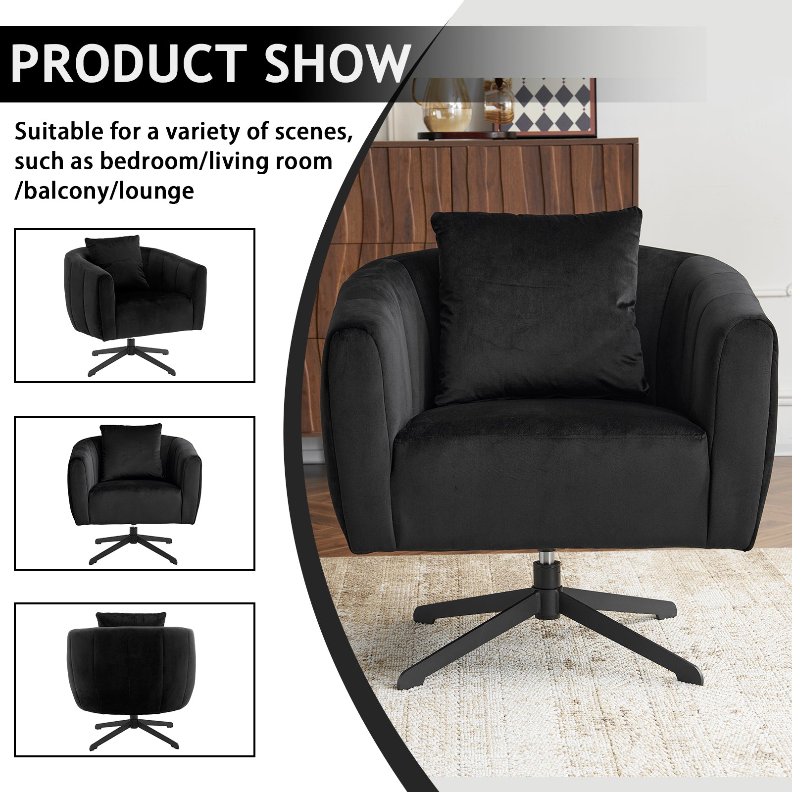 HAOYYE 360° Swivel Accent Chair, Modern Velvet Fabric Armchair, Wide Upholstered Design with Fluffy Cushion and Metal Legs, Comfortable Barrel Chair for Living Room, Lounge, and Office, Black Finish, Stylish and Elegant Upholstery