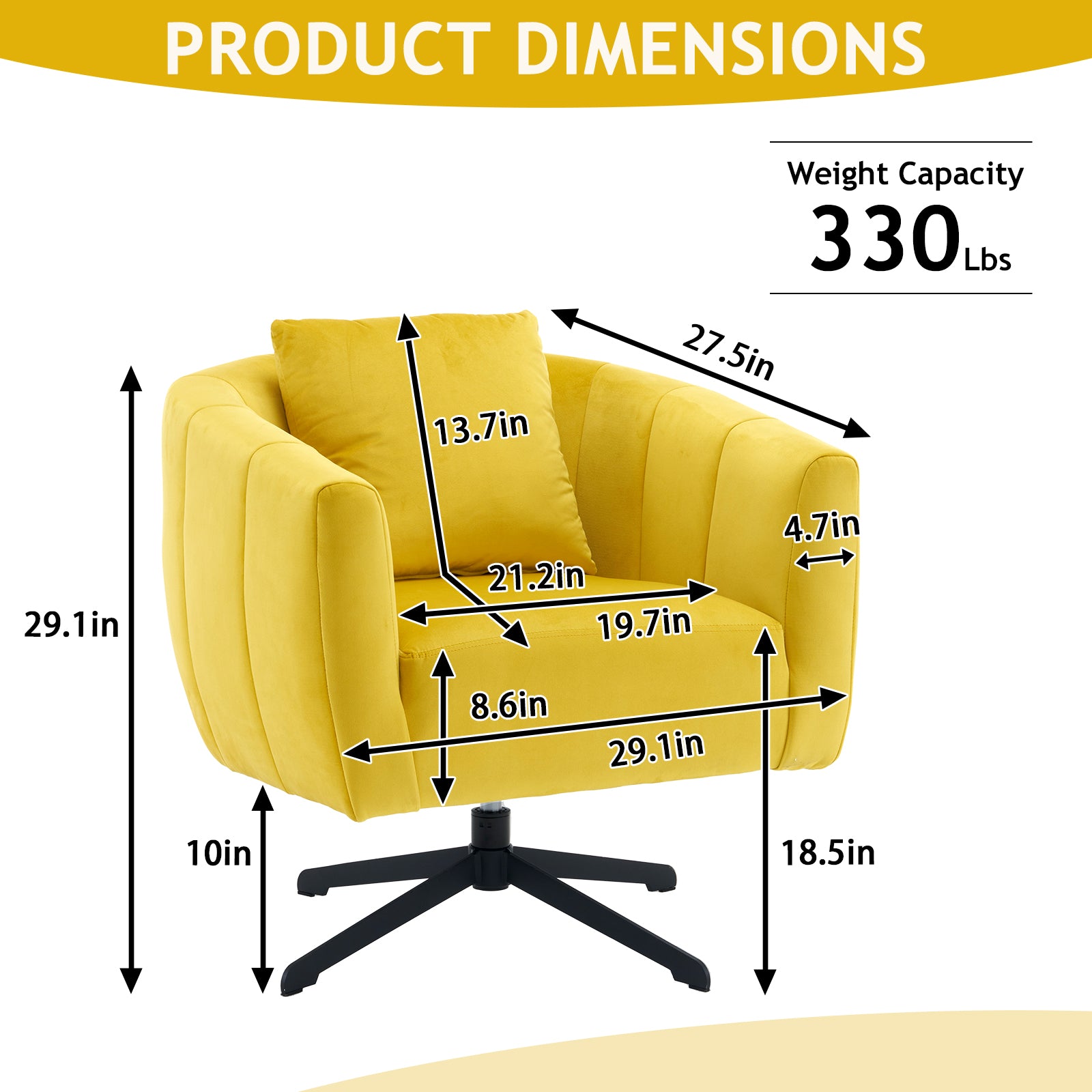 HAOYYE 360° Swivel Accent Chair, Modern Velvet Fabric Armchair, Wide Upholstered Design with Fluffy Cushion and Metal Legs, Comfortable Barrel Chair for Living Room, Lounge, and Office, Yellow Finish, Stylish and Elegant Upholstery