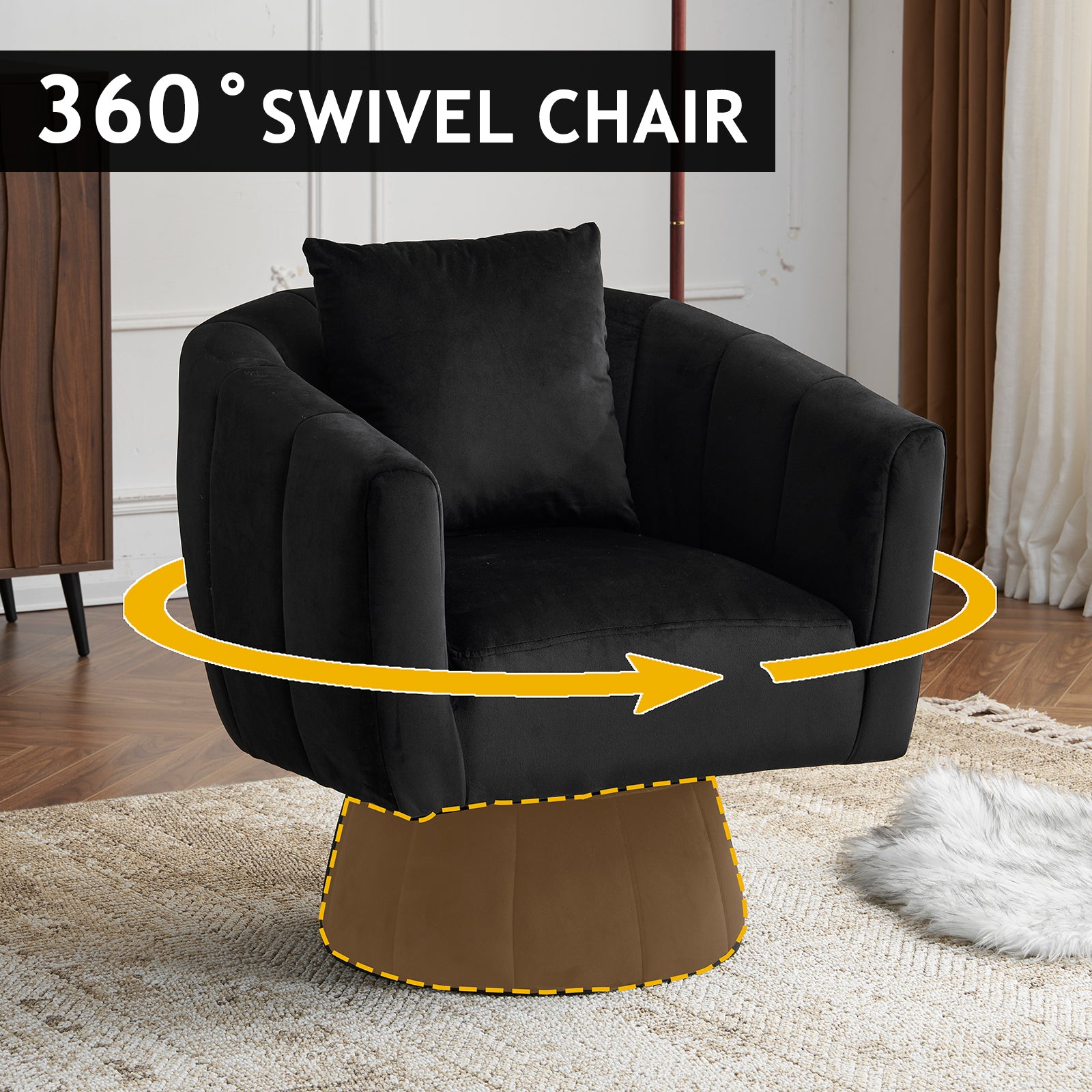 HAOYYE 360° Swivel Accent Chair, Modern Velvet Fabric Living Room Armchair with Fluffy Cushions, Comfy Wide Upholstered, Barrel Accent Chairs for Living Room, Bedroom, Lounge, Office Black soft cozy