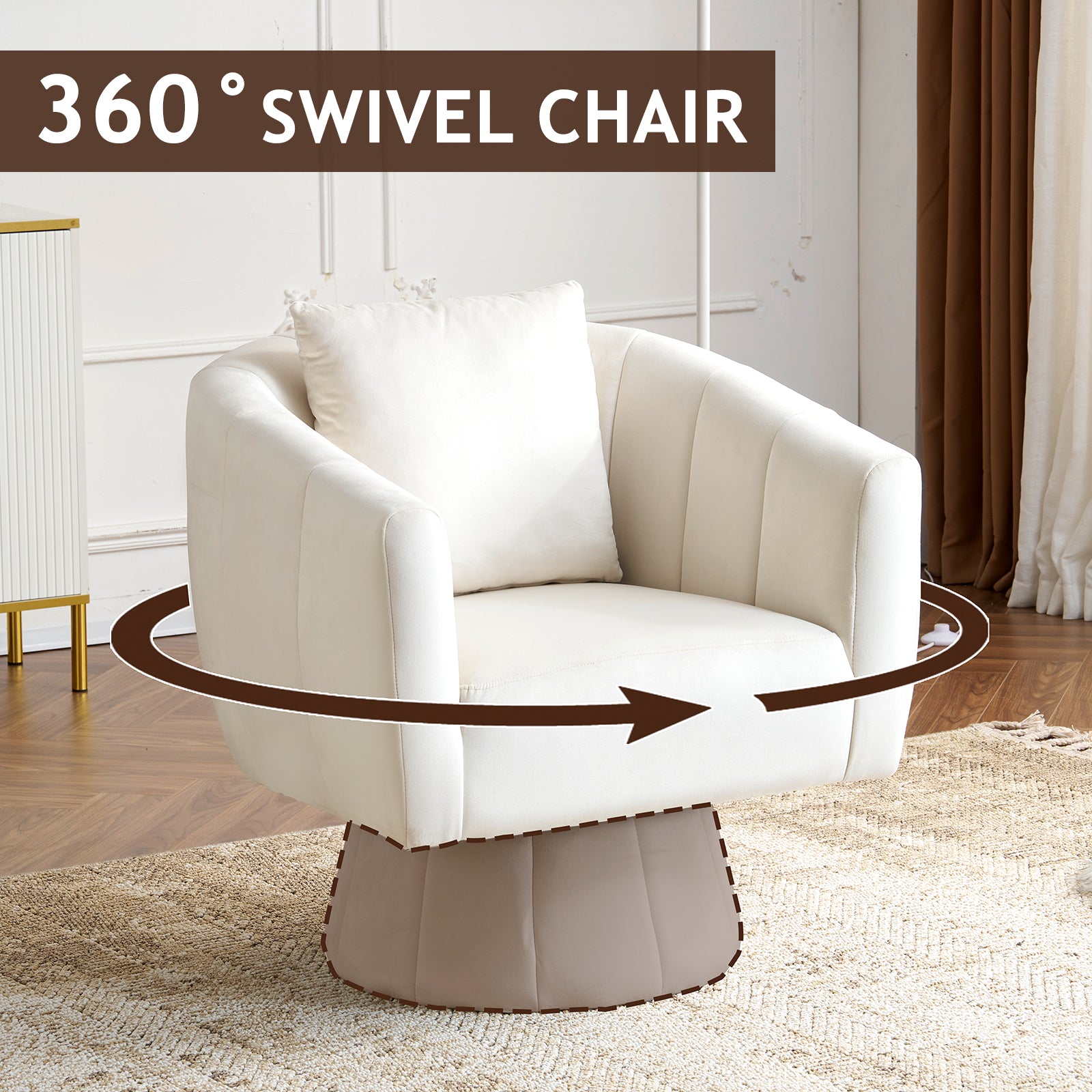 HAOYYE 360° Swivel Accent Chair, Modern Velvet Fabric Armchair with Fluffy Cushions, Wide Upholstered Design for Living Room, Bedroom, Lounge, and Office, Off-White Finish, Comfortable and Stylish Barrel Chair