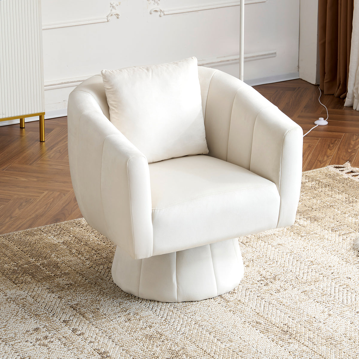 HAOYYE 360° Swivel Accent Chair, Modern Velvet Fabric Armchair with Fluffy Cushions, Wide Upholstered Design for Living Room, Bedroom, Lounge, and Office, Off-White Finish, Comfortable and Stylish Barrel Chair