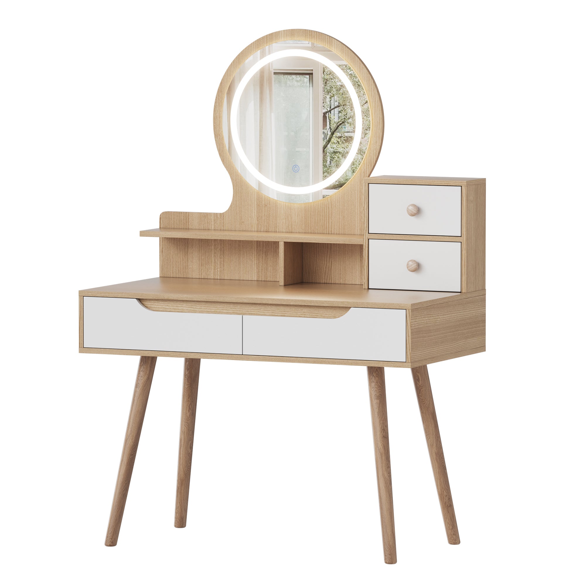 HAOYYE Makeup Vanity Desk with 3 Adjustable Lighted Mirror with solid wood table feet , Dressing Table Set with 4 drawers and 3 open shelves  for Small space Bedroom