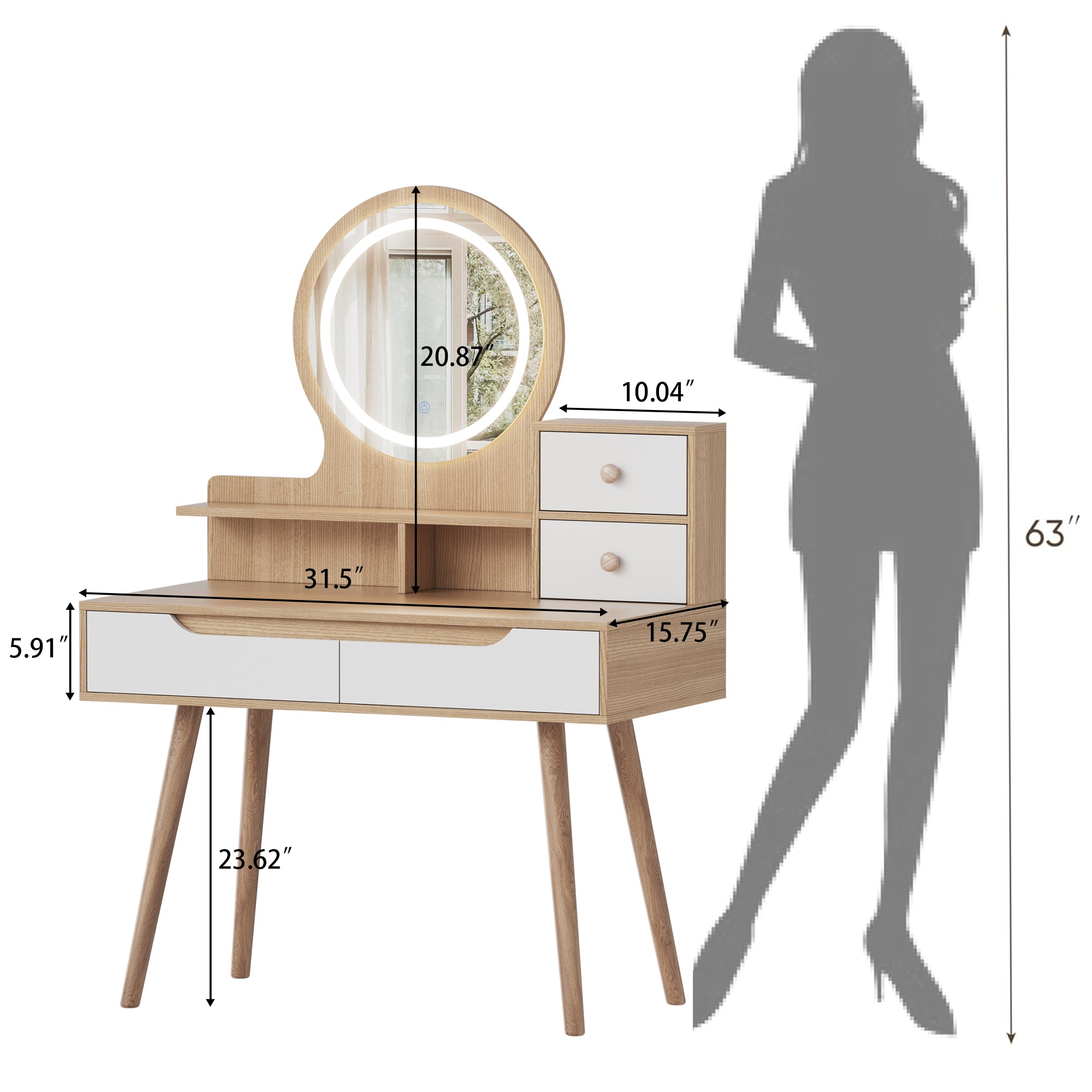 HAOYYE Makeup Vanity Desk with 3 Adjustable Lighted Mirror with solid wood table feet , Dressing Table Set with 4 drawers and 3 open shelves  for Small space Bedroom