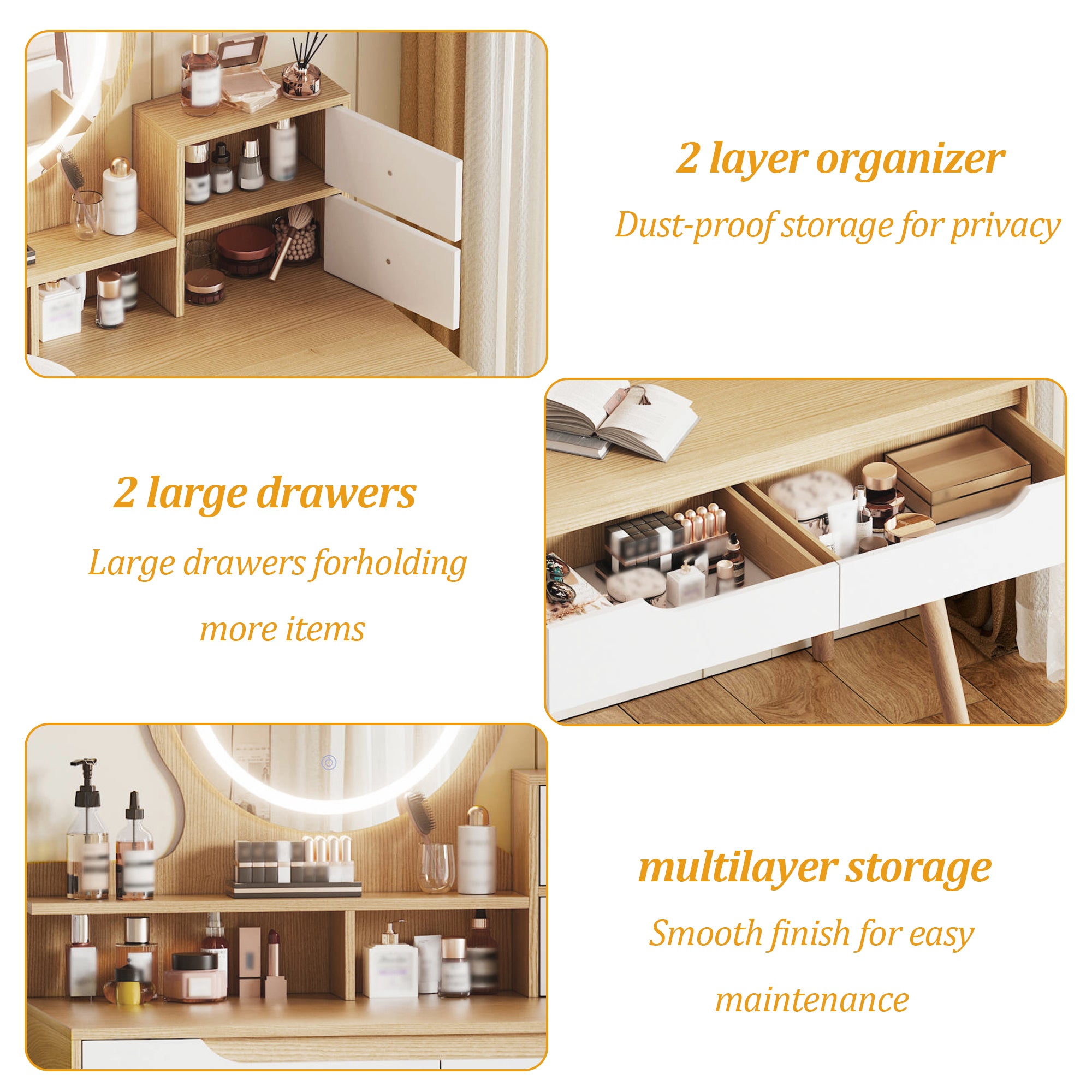 HAOYYE Makeup Vanity Desk with 3 Adjustable Lighted Mirror with solid wood table feet , Dressing Table Set with 4 drawers and 3 open shelves  for Small space Bedroom