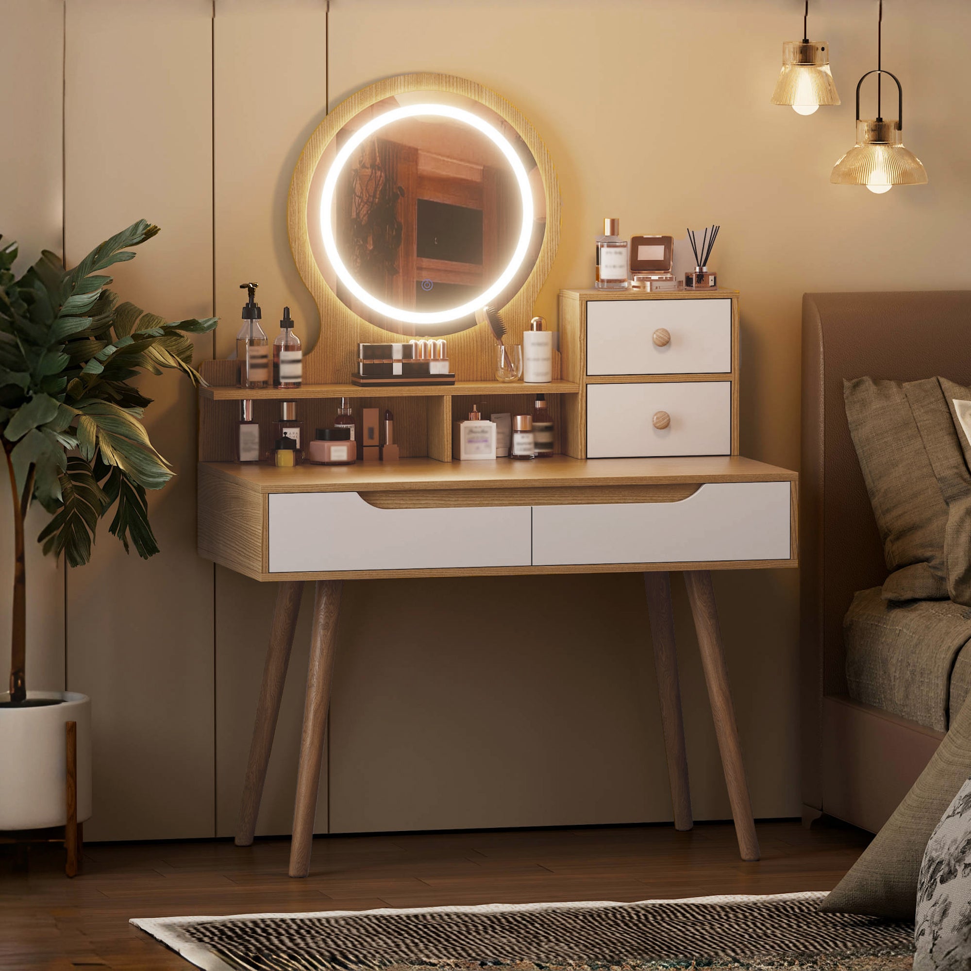 HAOYYE Makeup Vanity Desk with 3 Adjustable Lighted Mirror with solid wood table feet , Dressing Table Set with 4 drawers and 3 open shelves  for Small space Bedroom