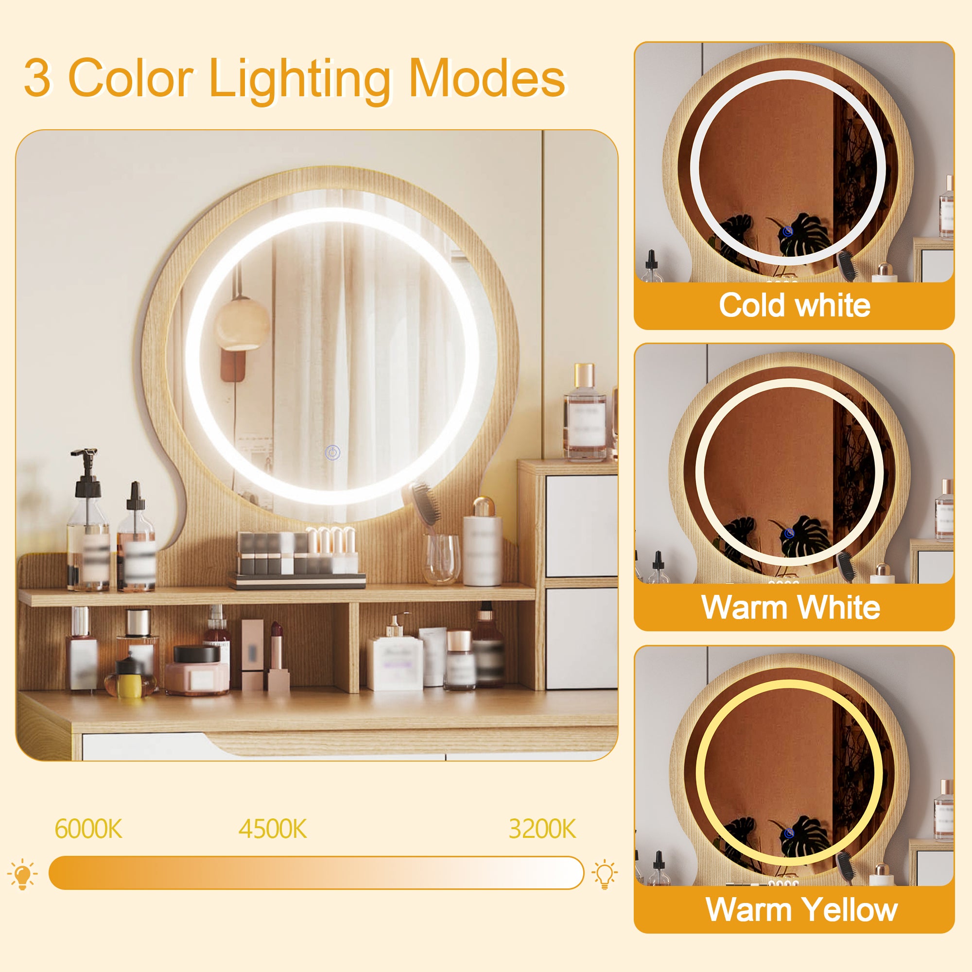 HAOYYE Makeup Vanity Desk with 3 Adjustable Lighted Mirror with solid wood table feet , Dressing Table Set with 4 drawers and 3 open shelves  for Small space Bedroom