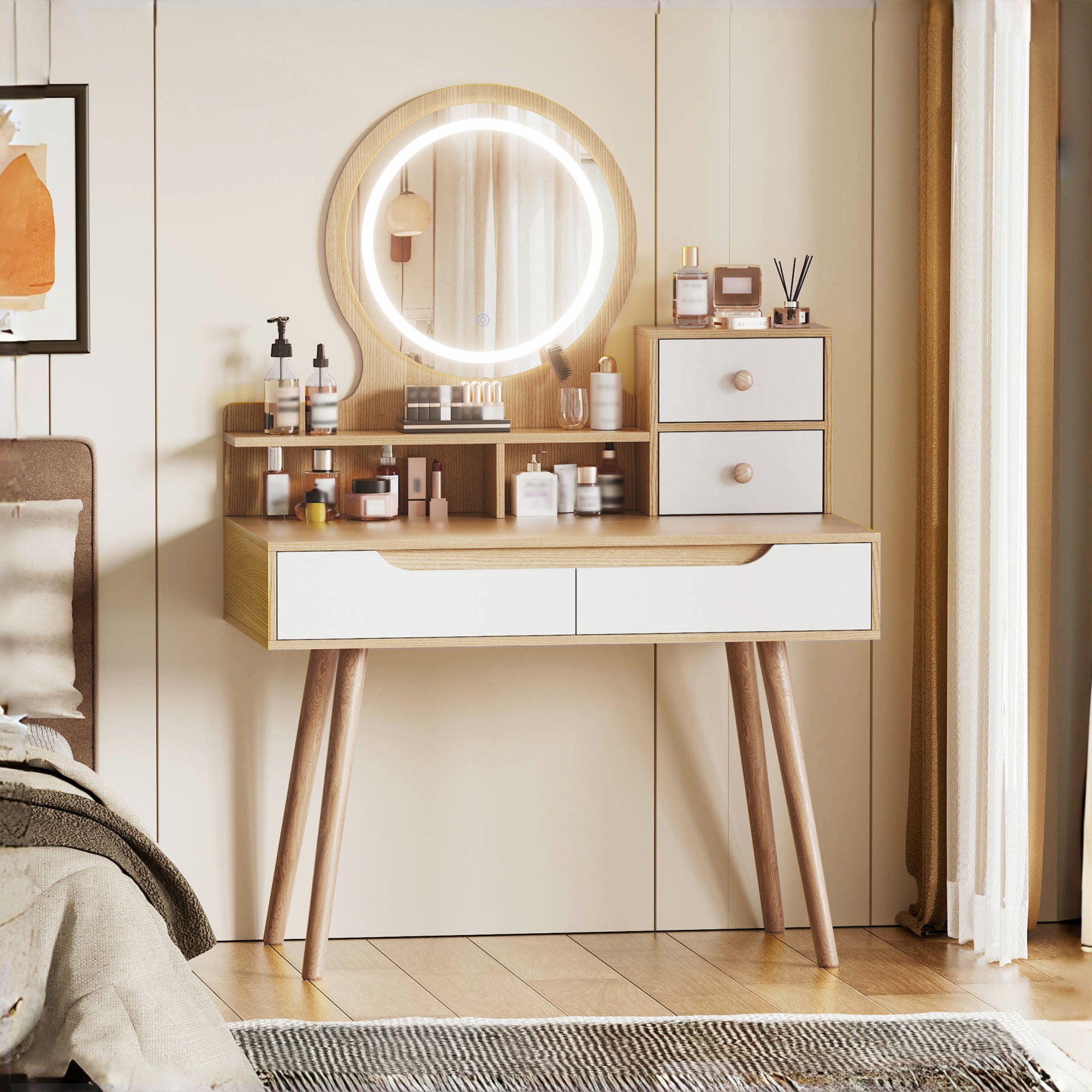 HAOYYE Makeup Vanity Desk with 3 Adjustable Lighted Mirror with solid wood table feet , Dressing Table Set with 4 drawers and 3 open shelves  for Small space Bedroom