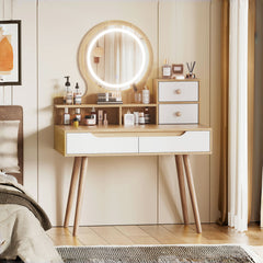 HAOYYE Makeup Vanity Desk with 3 Adjustable Lighted Mirror with solid wood table feet , Dressing Table Set with 4 drawers and 3 open shelves  for Small space Bedroom