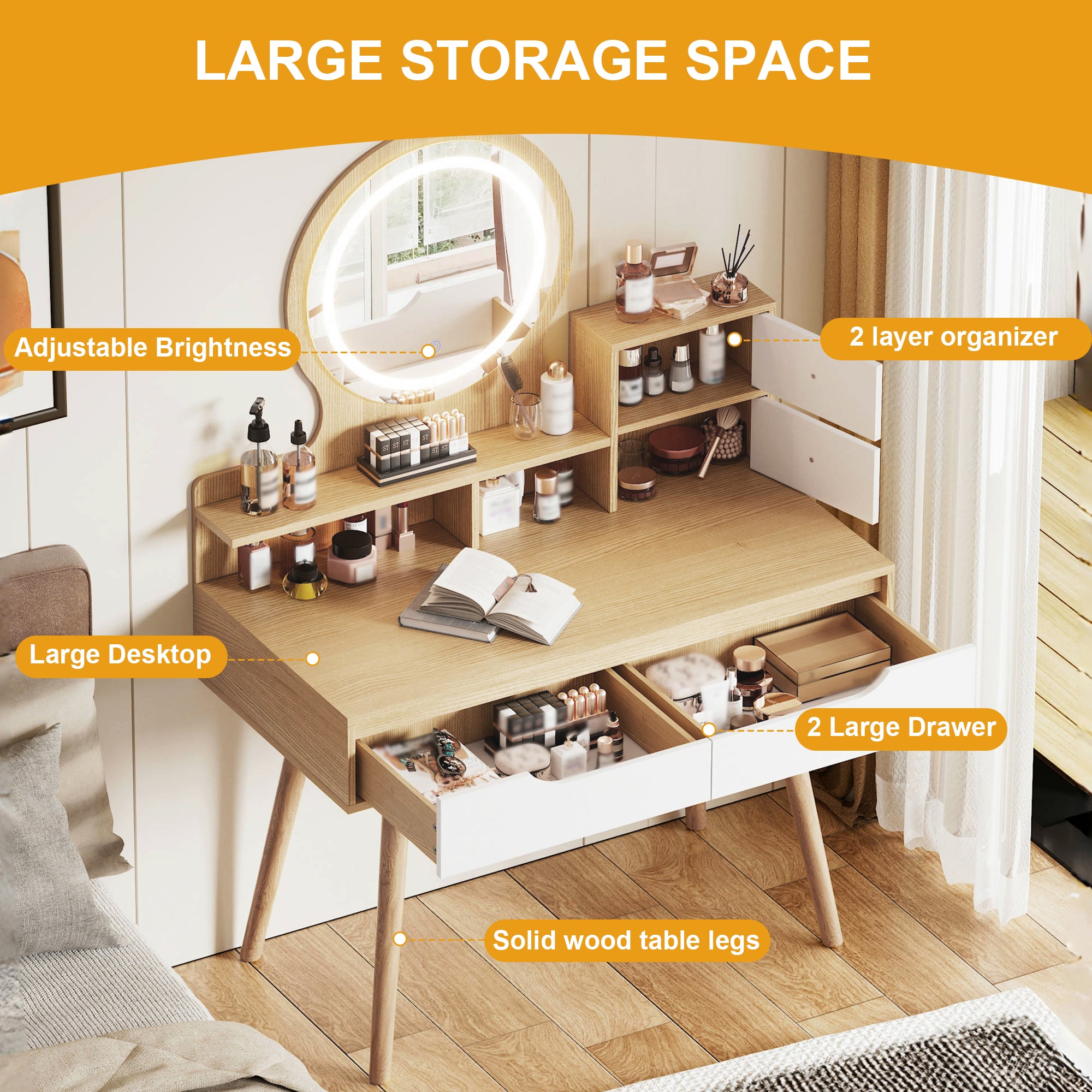 HAOYYE Makeup Vanity Desk with 3 Adjustable Lighted Mirror with solid wood table feet , Dressing Table Set with 4 drawers and 3 open shelves  for Small space Bedroom