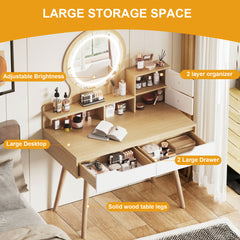 HAOYYE Makeup Vanity Desk with 3 Adjustable Lighted Mirror with solid wood table feet , Dressing Table Set with 4 drawers and 3 open shelves  for Small space Bedroom