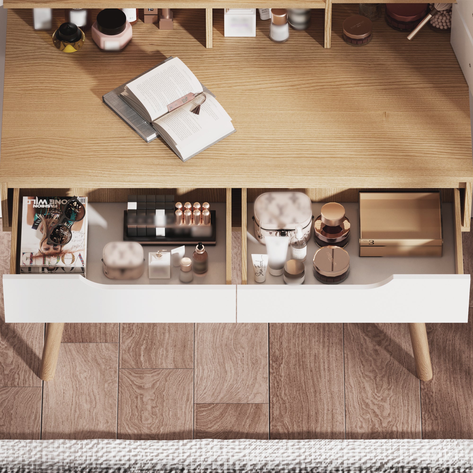 HAOYYE Makeup Vanity Desk with 3 Adjustable Lighted Mirror with solid wood table feet , Dressing Table Set with 4 drawers and 3 open shelves  for Small space Bedroom