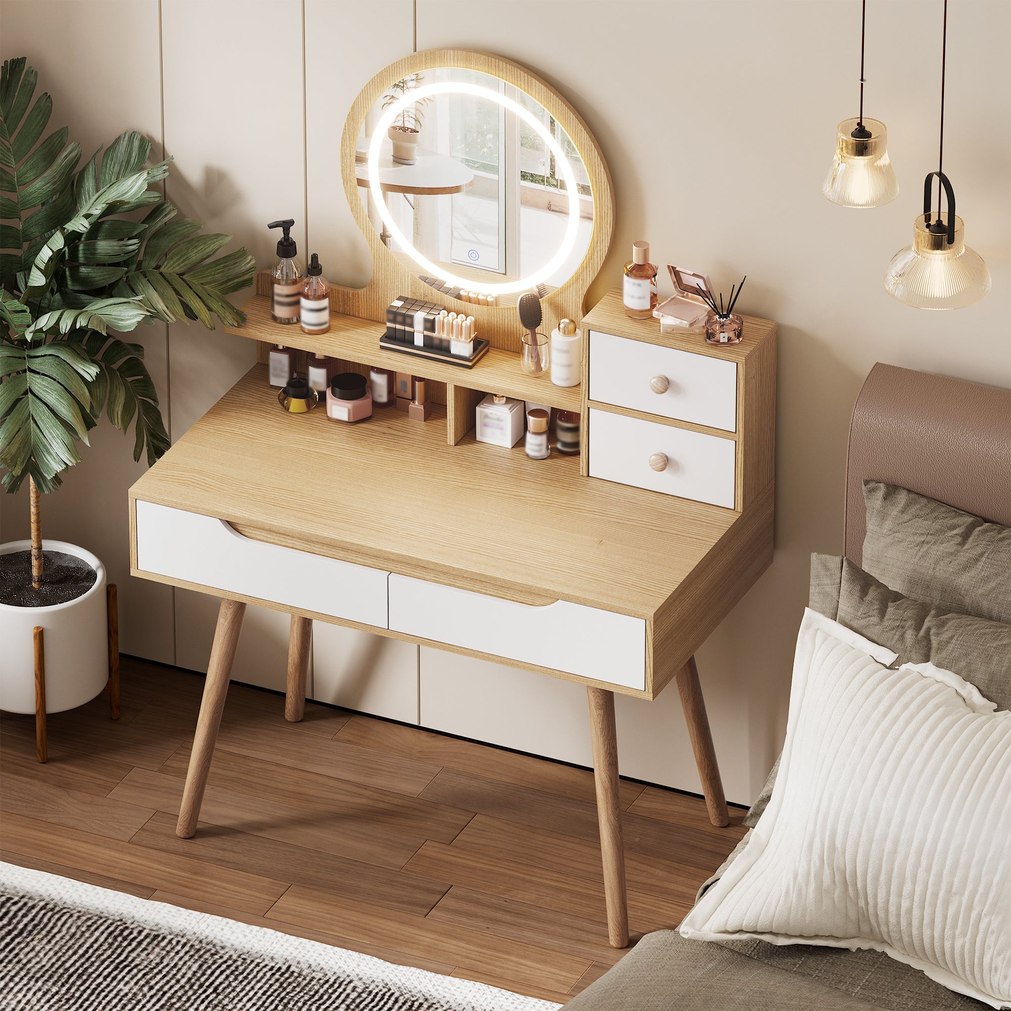 HAOYYE Makeup Vanity Desk with 3 Adjustable Lighted Mirror with solid wood table feet , Dressing Table Set with 4 drawers and 3 open shelves  for Small space Bedroom