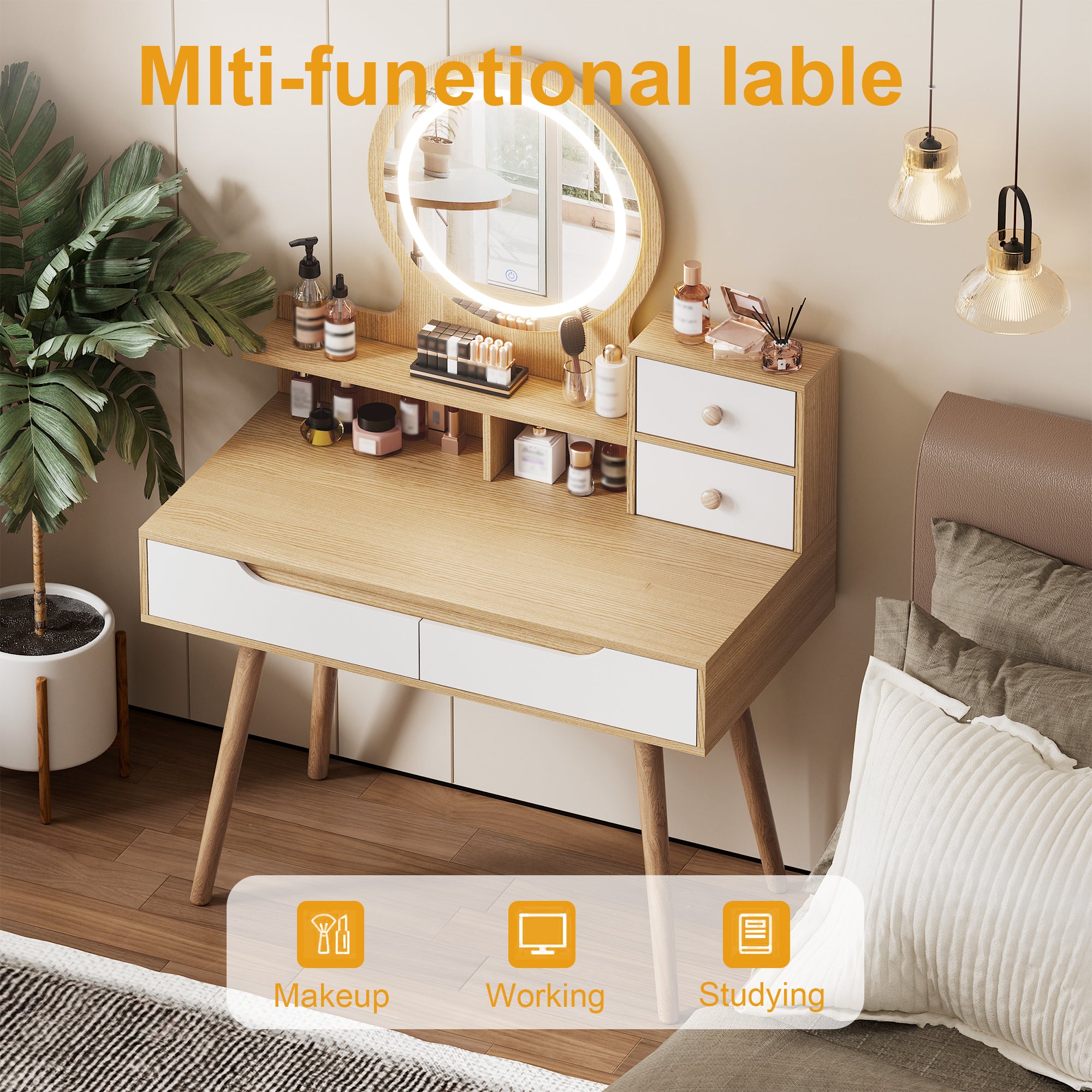 HAOYYE Makeup Vanity Desk with 3 Adjustable Lighted Mirror with solid wood table feet , Dressing Table Set with 4 drawers and 3 open shelves  for Small space Bedroom