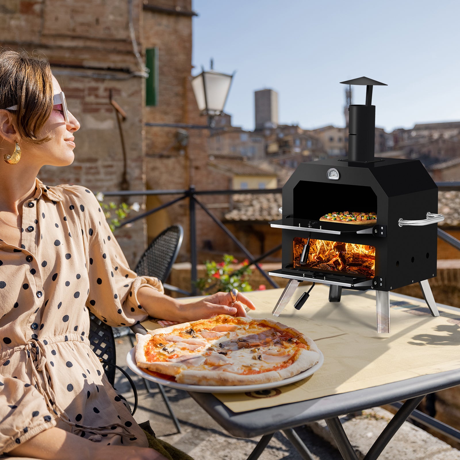 HAOYYE Outdoor Wood Fired Pizza Oven with 2-Layer Cooking Space, Removable Rack & Pizza Stone, Portable Pizza Maker for Backyard, Patio, Camping, BBQ, Built-in Thermometer for Temperature Control, Iron Pizza Cooker