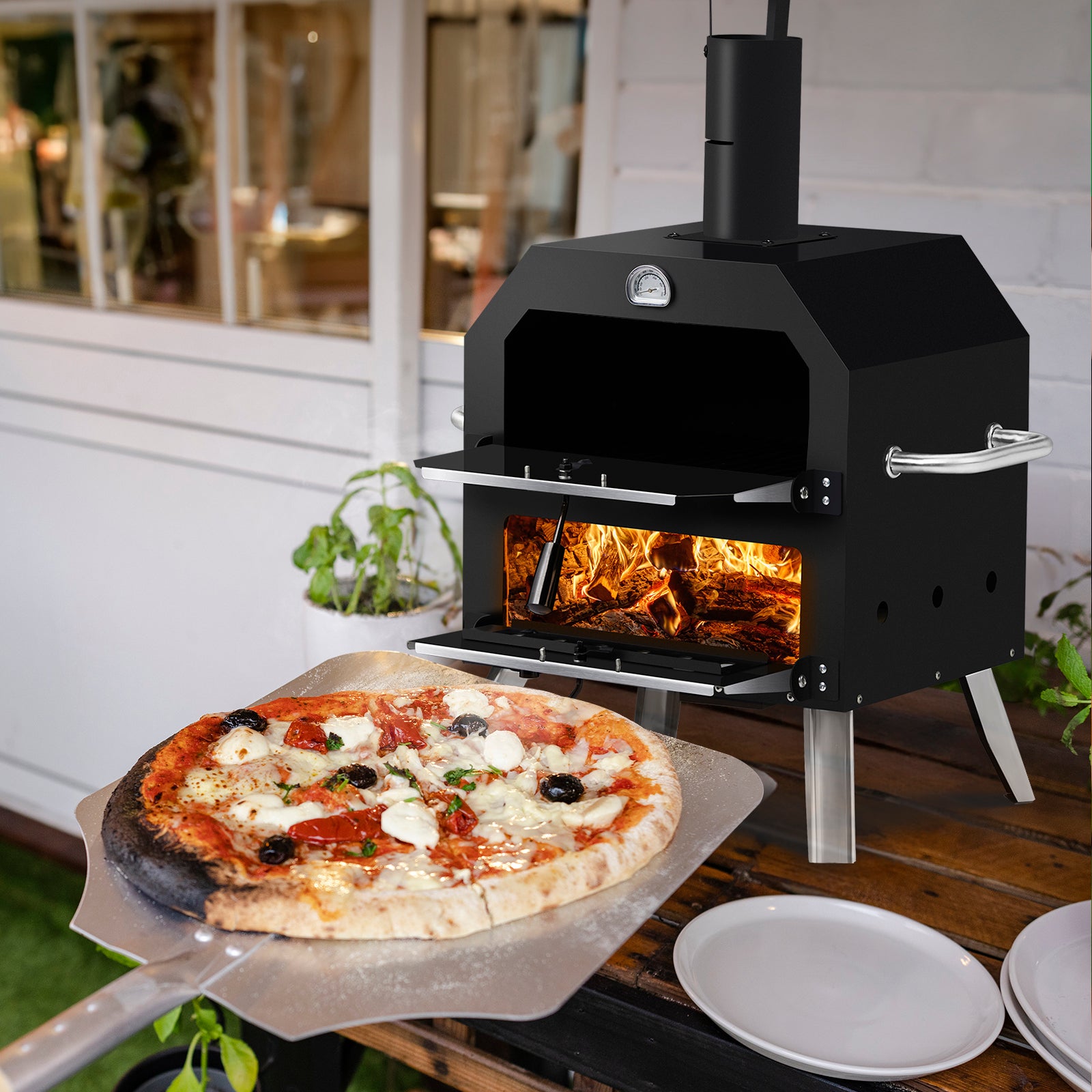 HAOYYE Outdoor Wood Fired Pizza Oven with 2-Layer Cooking Space, Removable Rack & Pizza Stone, Portable Pizza Maker for Backyard, Patio, Camping, BBQ, Built-in Thermometer for Temperature Control, Iron Pizza Cooker