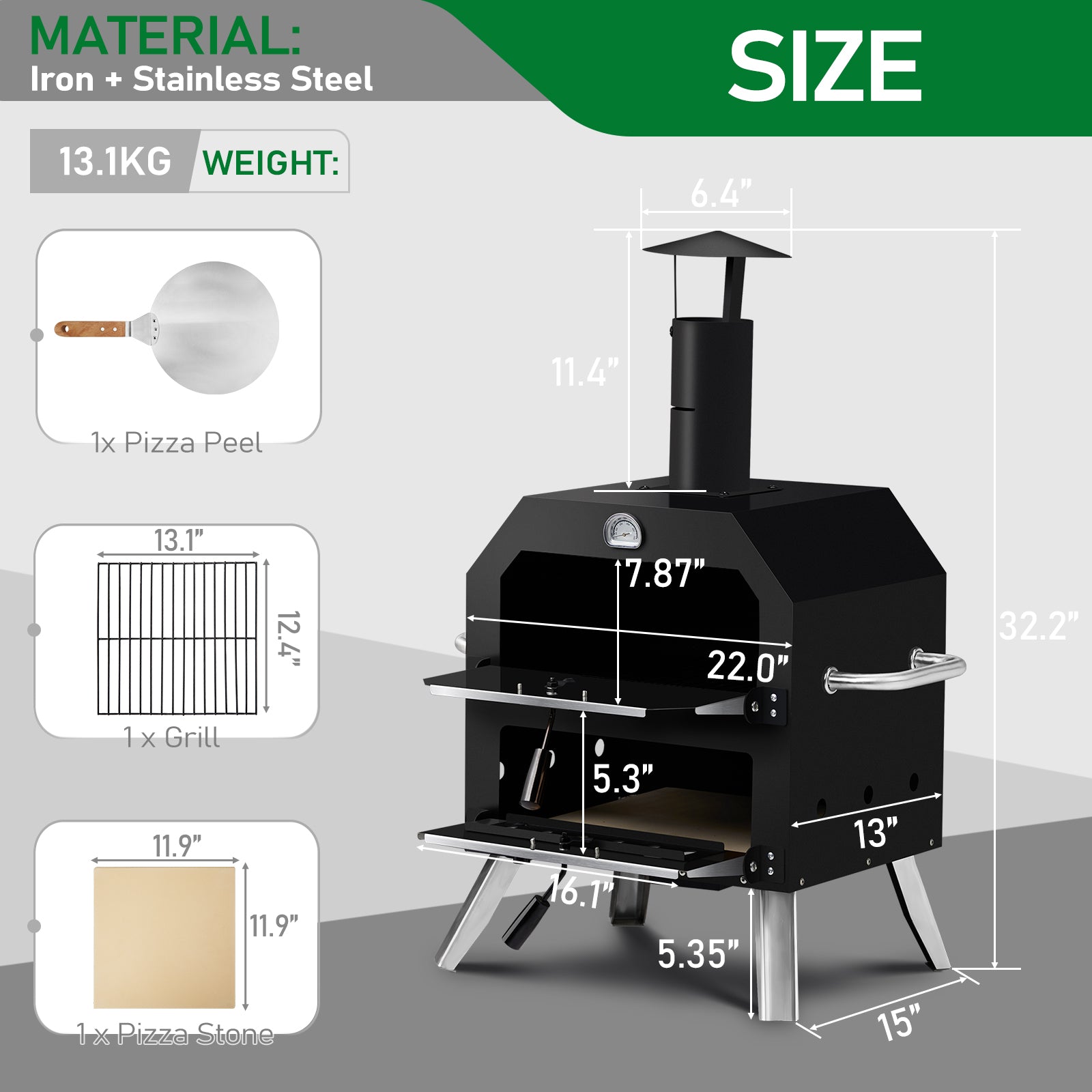 HAOYYE Outdoor Wood Fired Pizza Oven with 2-Layer Cooking Space, Removable Rack & Pizza Stone, Portable Pizza Maker for Backyard, Patio, Camping, BBQ, Built-in Thermometer for Temperature Control, Iron Pizza Cooker