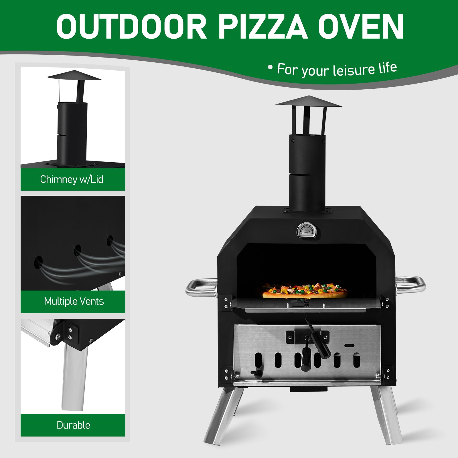 HAOYYE Outdoor Wood Fired Pizza Oven with 2-Layer Cooking Space, Removable Rack & Pizza Stone, Portable Pizza Maker for Backyard, Patio, Camping, BBQ, Built-in Thermometer for Temperature Control, Iron Pizza Cooker