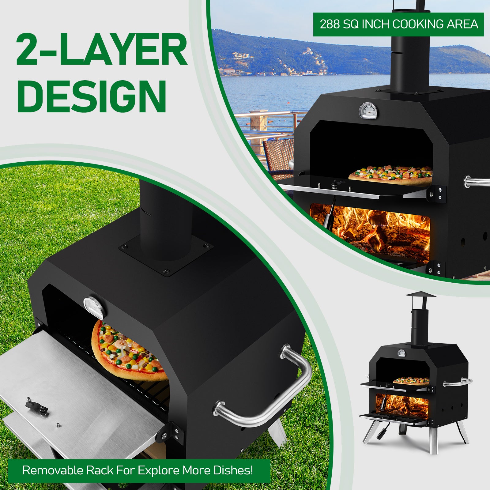 HAOYYE Outdoor Wood Fired Pizza Oven with 2-Layer Cooking Space, Removable Rack & Pizza Stone, Portable Pizza Maker for Backyard, Patio, Camping, BBQ, Built-in Thermometer for Temperature Control, Iron Pizza Cooker