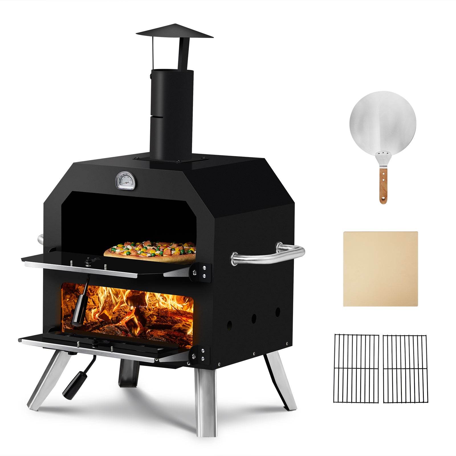 HAOYYE Outdoor Wood Fired Pizza Oven with 2-Layer Cooking Space, Removable Rack & Pizza Stone, Portable Pizza Maker for Backyard, Patio, Camping, BBQ, Built-in Thermometer for Temperature Control, Iron Pizza Cooker