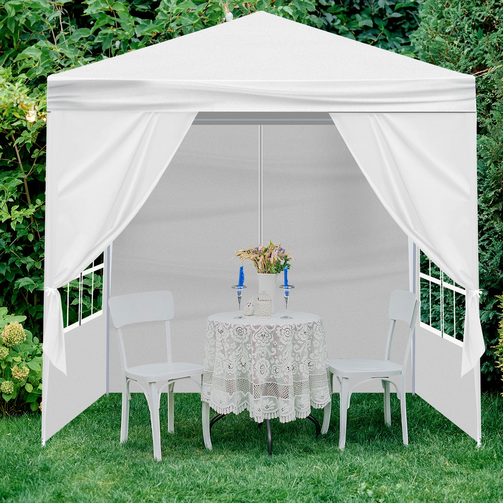 HAOYYE 6.5x6.5FT White Portable Party Tent with 4 Removable Sidewalls Including 2 Doors and 2 Windows Waterproof PE Canopy Shelter with Powder Coated Steel Frame Spiral Tube Connection and Carrying Bag for Patio Market Camping Event Use