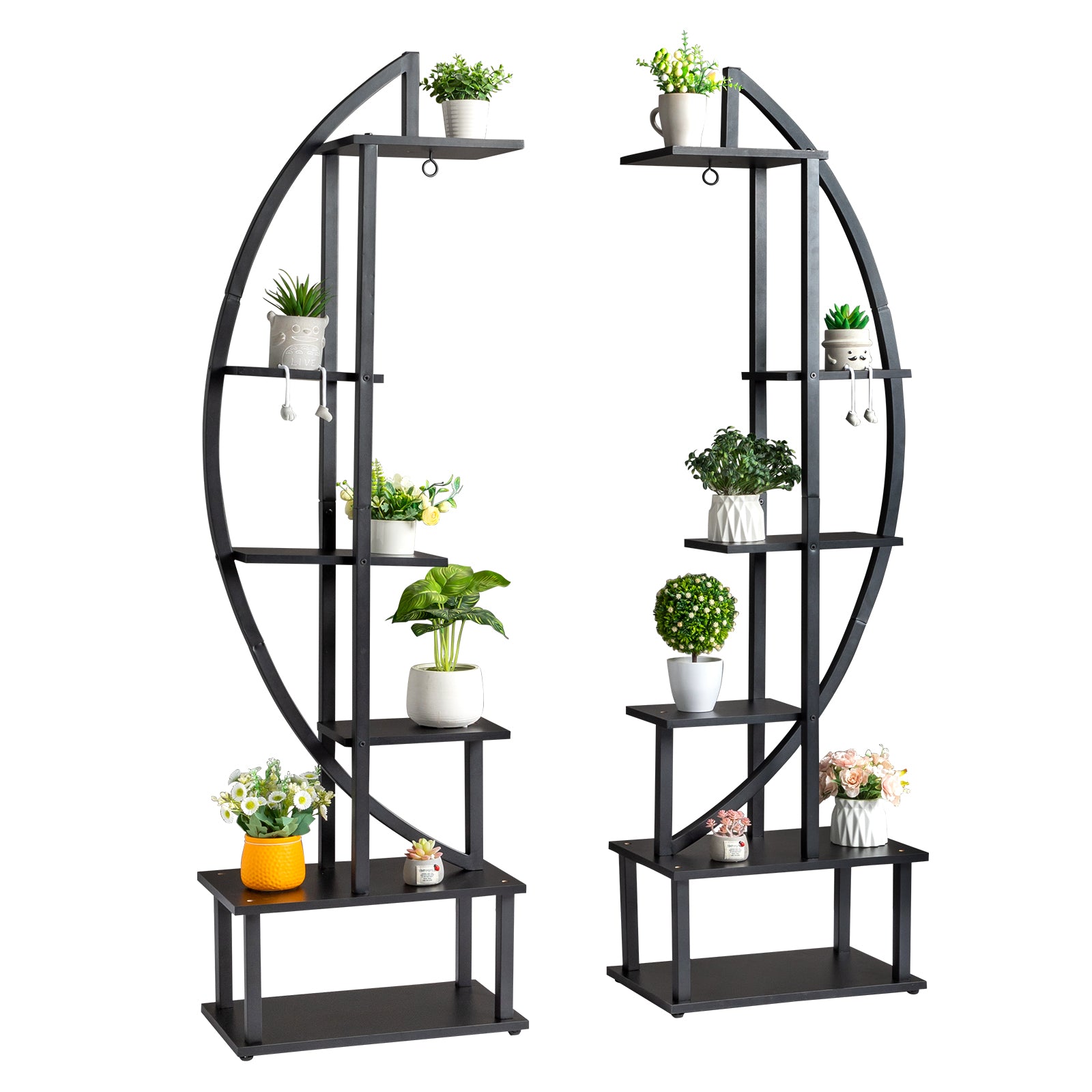 HAOYYE 2pcs 6-Tier Half Moon Plant Stand, Iron Wood Flower Pot Holder for Indoor Outdoor, Multi-Layer Plant Rack for Garden Balcony Patio Lawn