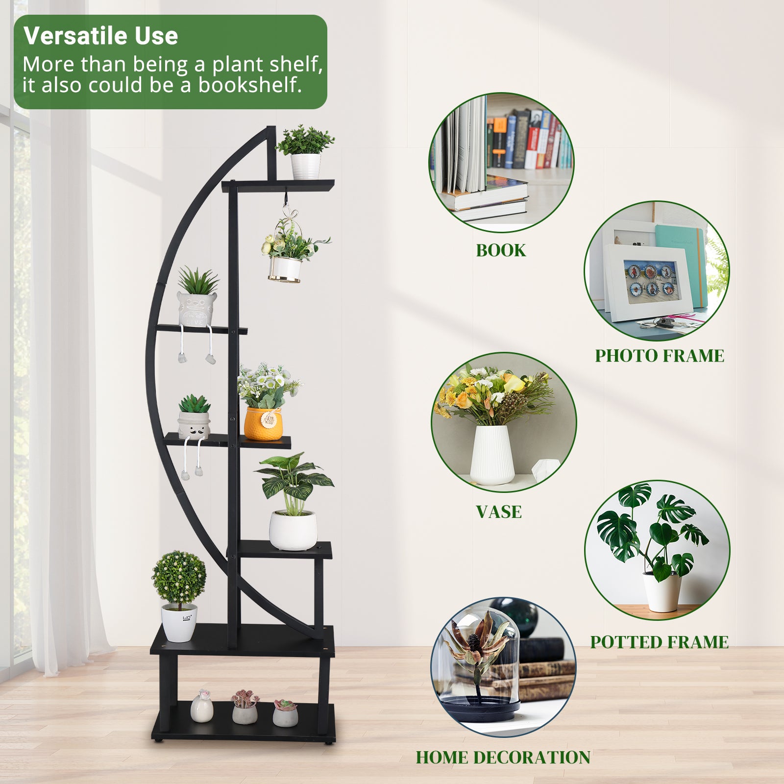 HAOYYE 2pcs 6-Tier Half Moon Plant Stand, Iron Wood Flower Pot Holder for Indoor Outdoor, Multi-Layer Plant Rack for Garden Balcony Patio Lawn