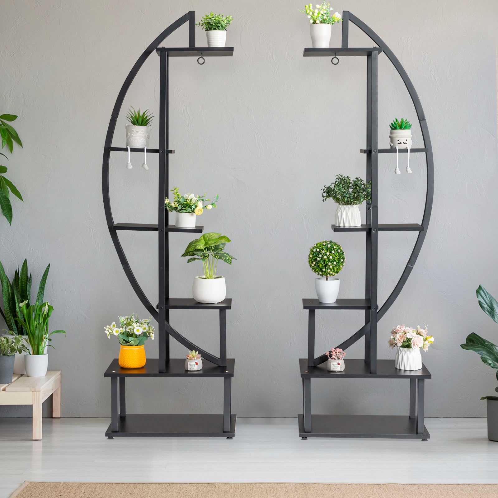 HAOYYE 2pcs 6-Tier Half Moon Plant Stand, Iron Wood Flower Pot Holder for Indoor Outdoor, Multi-Layer Plant Rack for Garden Balcony Patio Lawn