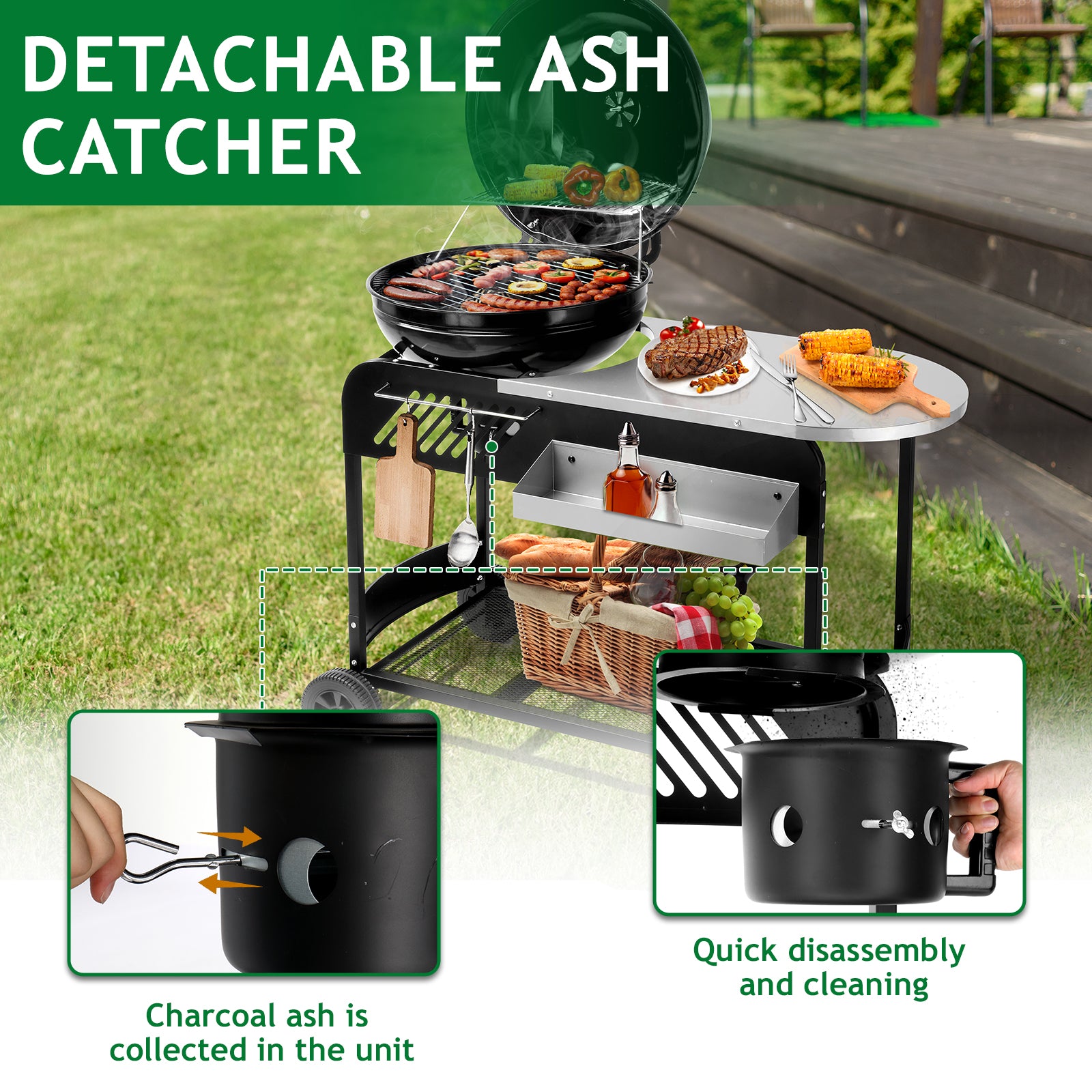 Haoyye Portable Charcoal Grill with Cart BBQ Grill for Outdoor Cooking with Porcelain Enameled Lid Thermometer and Slide Out Ash Catcher Ideal for Backyard Picnic Patio Camping and Barbecue Parties