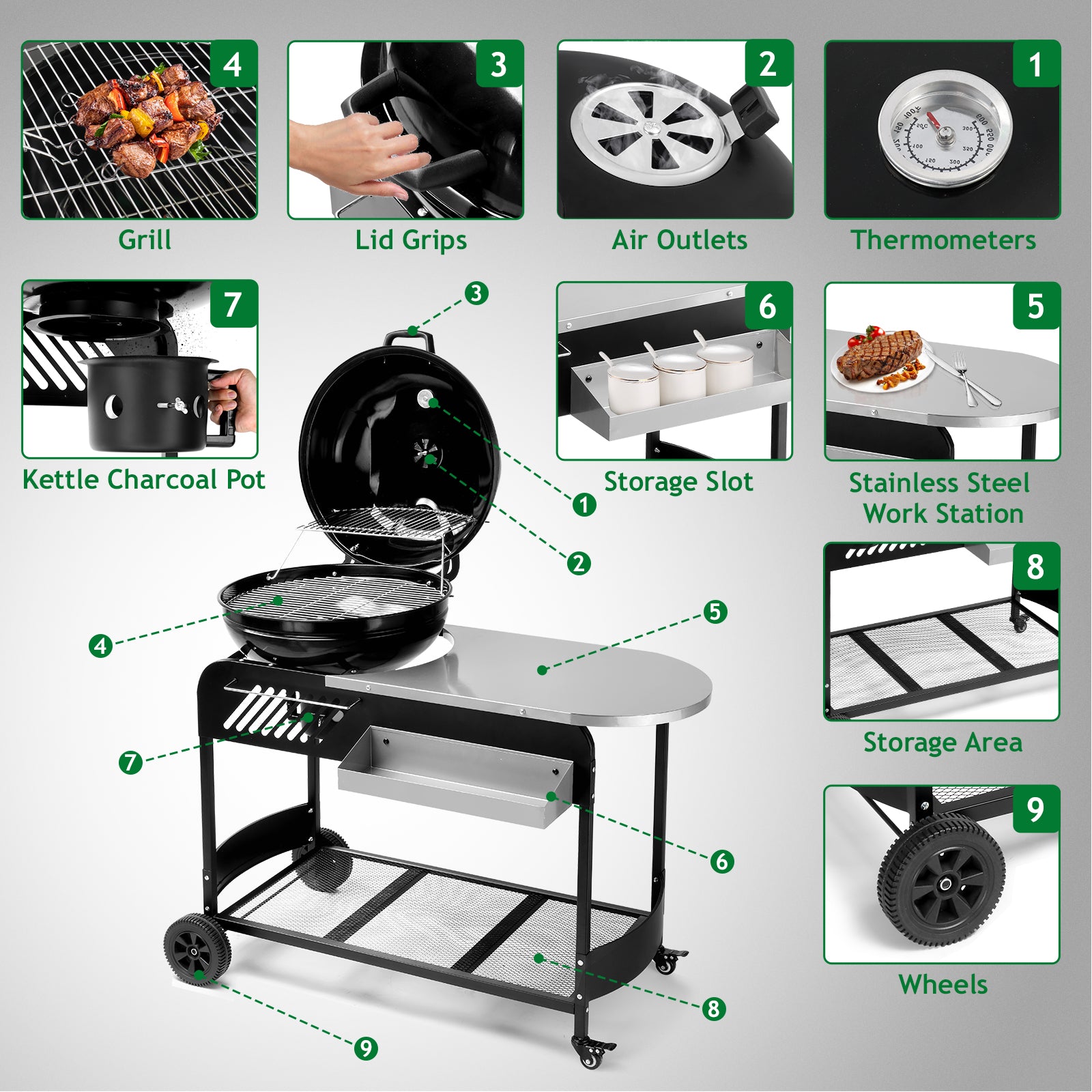 Haoyye Portable Charcoal Grill with Cart BBQ Grill for Outdoor Cooking with Porcelain Enameled Lid Thermometer and Slide Out Ash Catcher Ideal for Backyard Picnic Patio Camping and Barbecue Parties