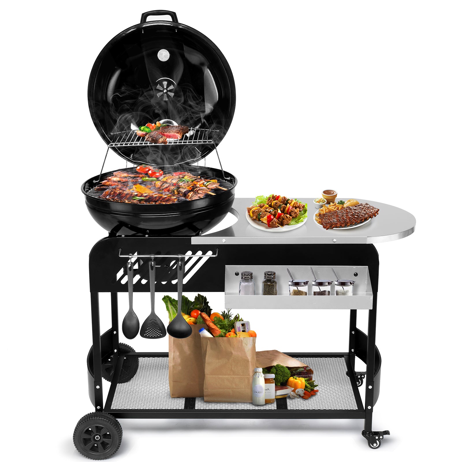 Haoyye Portable Charcoal Grill with Cart BBQ Grill for Outdoor Cooking with Porcelain Enameled Lid Thermometer and Slide Out Ash Catcher Ideal for Backyard Picnic Patio Camping and Barbecue Parties