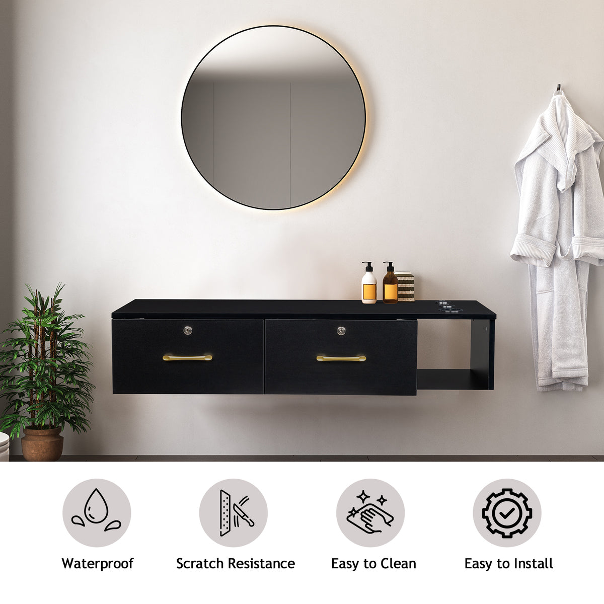HAOYYE Black Salon Storage Cabinet with Two Drawers and Three Lockable Holes E0 Grade Particleboard with Hemp Surface Durable Modern Design for Spa Salon Barbershop Office
