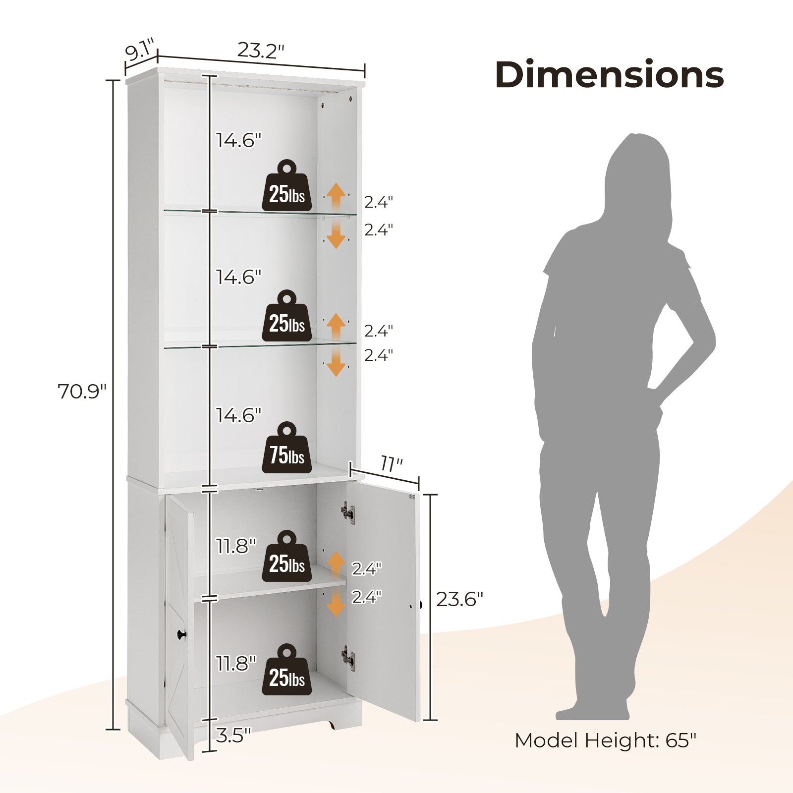 HAOYYE 3-Layer Glass Shelf Display Cabinet with 2 Doors, Double Z Shape Design, LED Light Strip, Curved Base Feet, Triamine Board Construction, White Soft Cozy Warm Flannel Fleece Home Decor, Luxury Modern Storage Unit for Living Room or Office