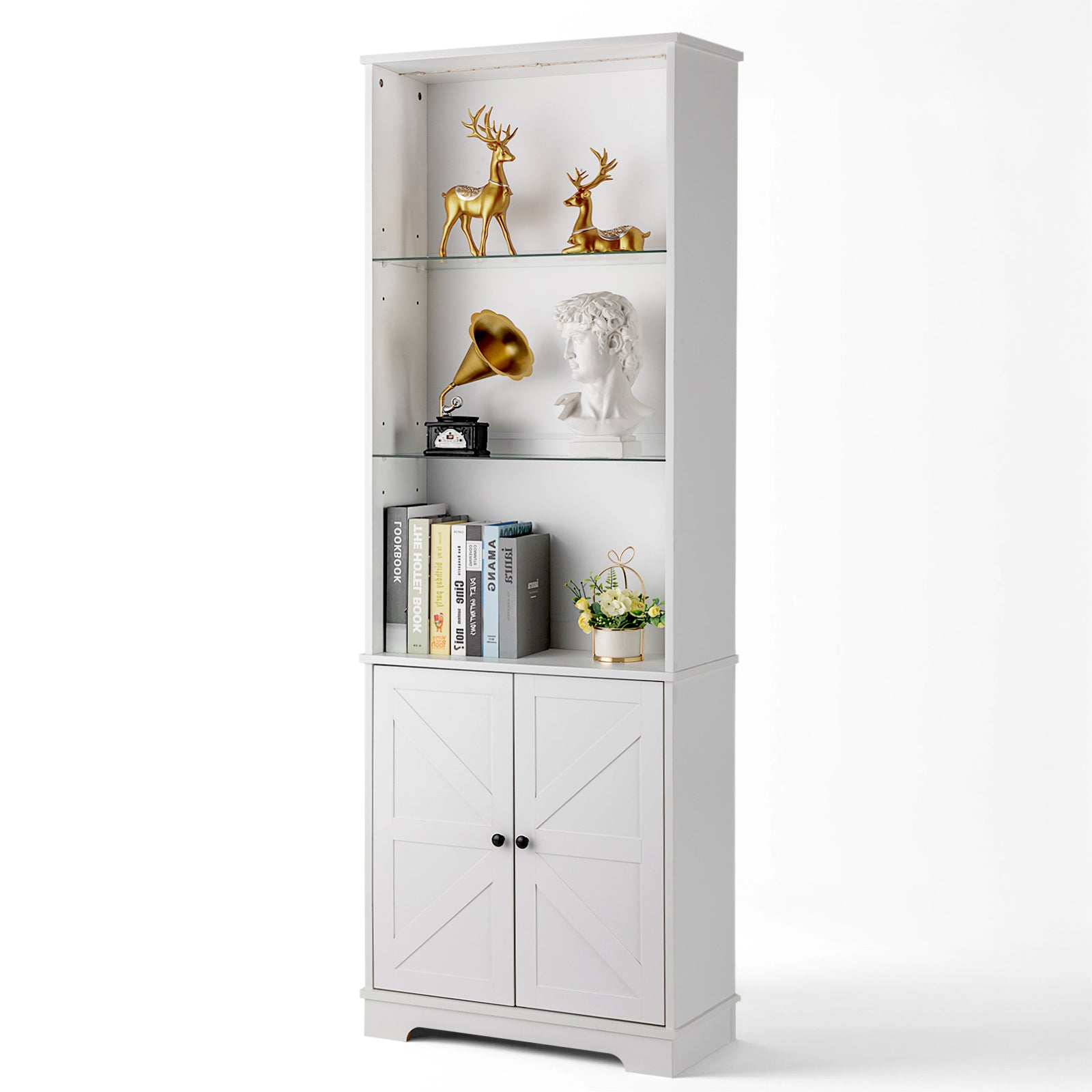 HAOYYE 3-Layer Glass Shelf Display Cabinet with 2 Doors, Double Z Shape Design, LED Light Strip, Curved Base Feet, Triamine Board Construction, White Soft Cozy Warm Flannel Fleece Home Decor, Luxury Modern Storage Unit for Living Room or Office