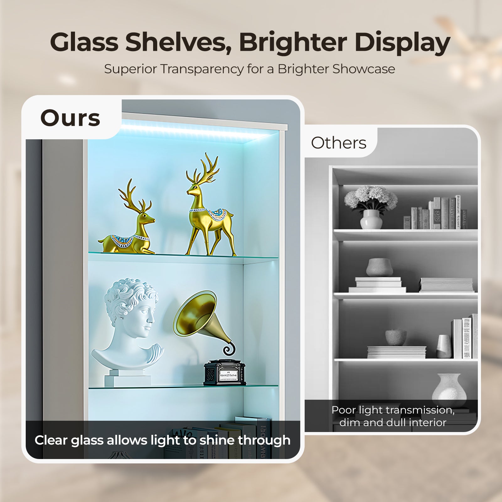 HAOYYE 3-Layer Glass Shelf Display Cabinet with 2 Doors, Double Z Shape Design, LED Light Strip, Curved Base Feet, Triamine Board Construction, White Soft Cozy Warm Flannel Fleece Home Decor, Luxury Modern Storage Unit for Living Room or Office