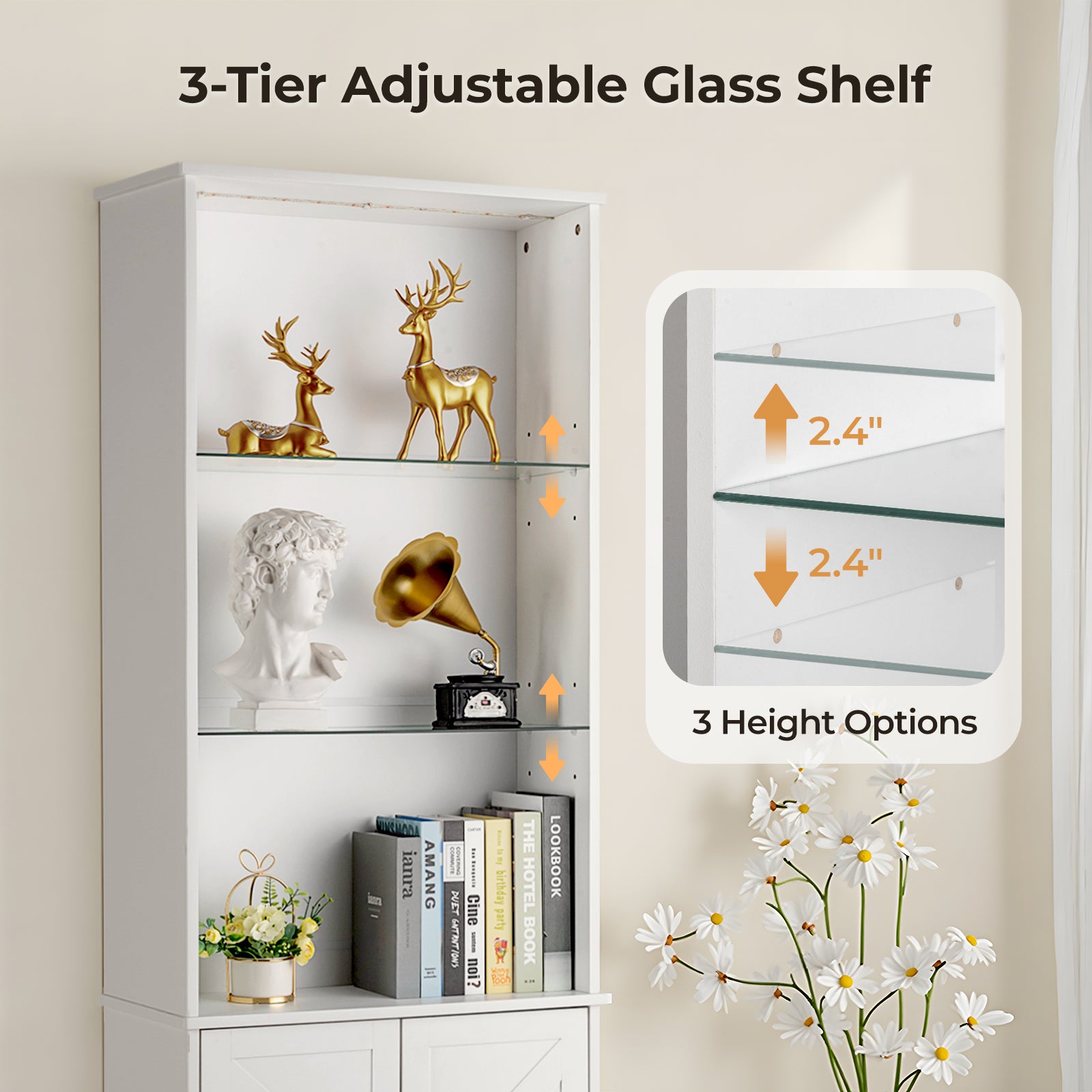 HAOYYE 3-Layer Glass Shelf Display Cabinet with 2 Doors, Double Z Shape Design, LED Light Strip, Curved Base Feet, Triamine Board Construction, White Soft Cozy Warm Flannel Fleece Home Decor, Luxury Modern Storage Unit for Living Room or Office