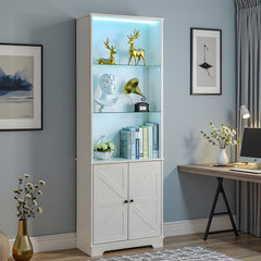 HAOYYE 3-Layer Glass Shelf Display Cabinet with 2 Doors, Double Z Shape Design, LED Light Strip, Curved Base Feet, Triamine Board Construction, White Soft Cozy Warm Flannel Fleece Home Decor, Luxury Modern Storage Unit for Living Room or Office