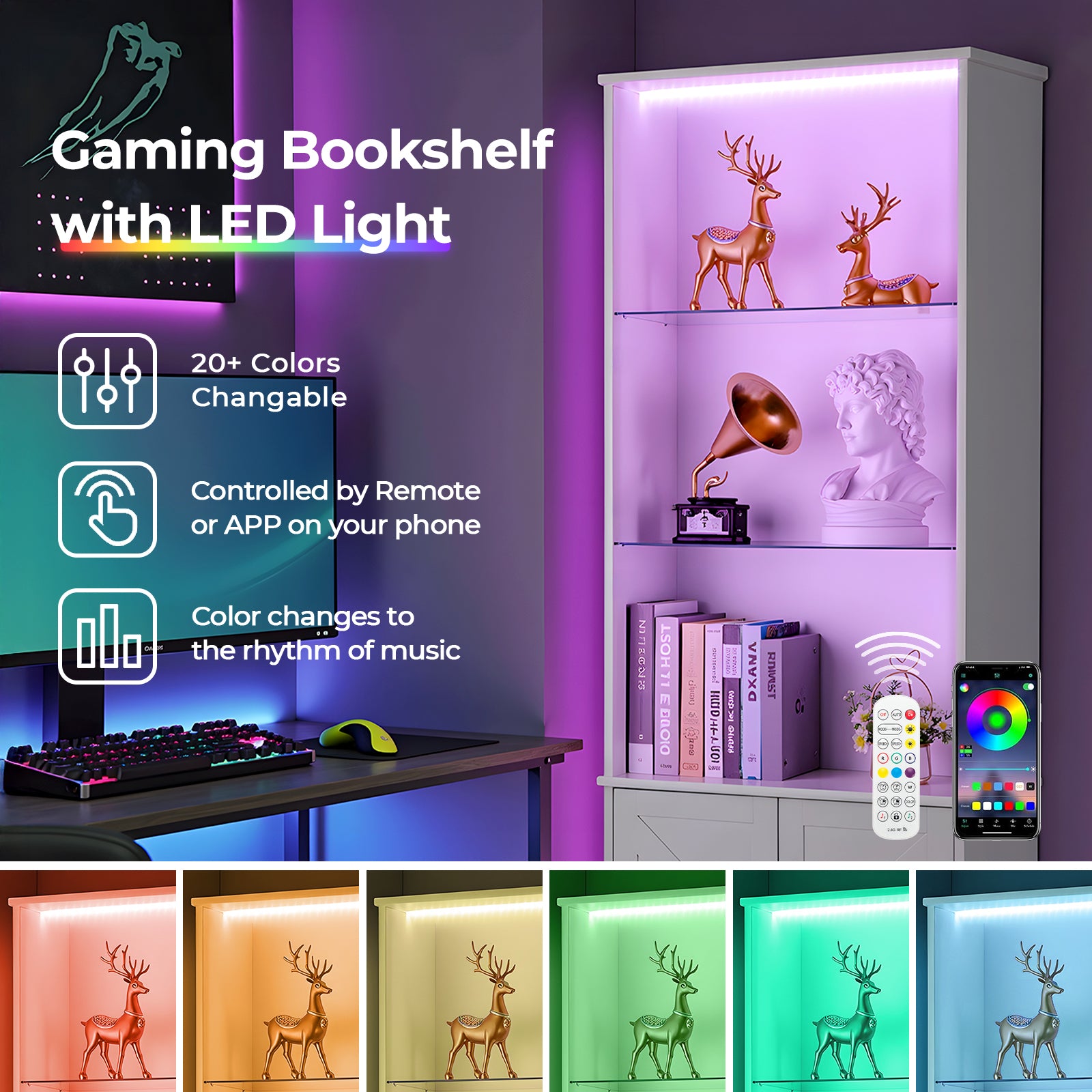 HAOYYE 3-Layer Glass Shelf Display Cabinet with 2 Doors, Double Z Shape Design, LED Light Strip, Curved Base Feet, Triamine Board Construction, White Soft Cozy Warm Flannel Fleece Home Decor, Luxury Modern Storage Unit for Living Room or Office