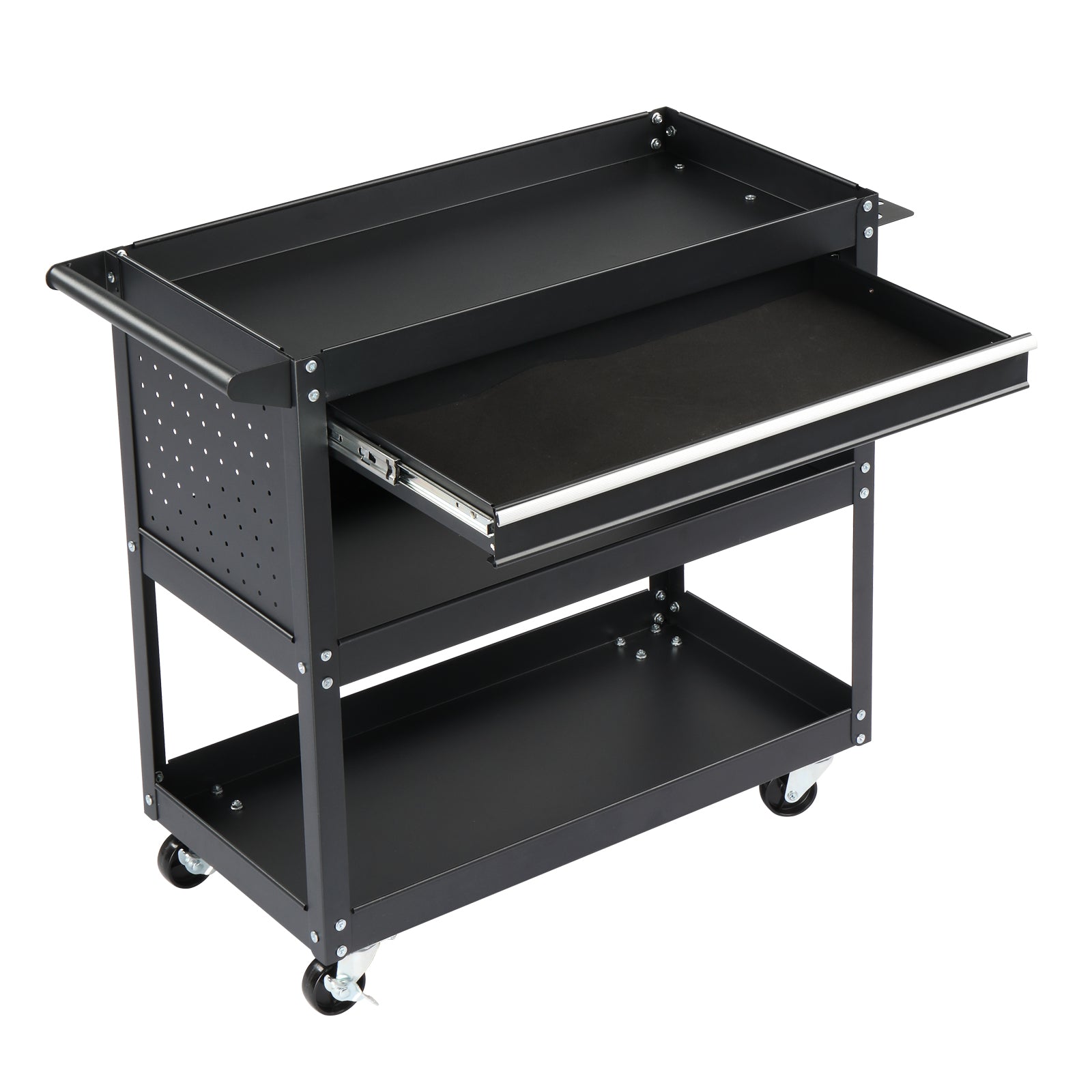 HAOYYE 3-Tier Rolling Tool Cart Heavy Duty Metal Utility Cart with Pegboard Drawer and 4 Hooks Black Large Storage Capacity 330 lb Load Garage Warehouse Repair Shop Organizer