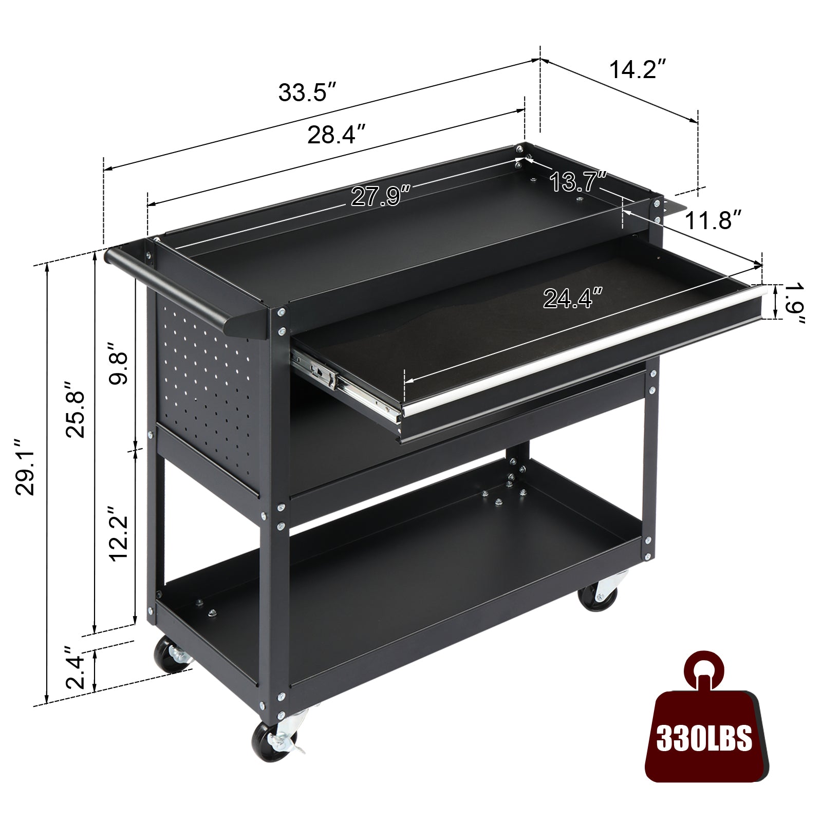 HAOYYE 3-Tier Rolling Tool Cart Heavy Duty Metal Utility Cart with Pegboard Drawer and 4 Hooks Black Large Storage Capacity 330 lb Load Garage Warehouse Repair Shop Organizer