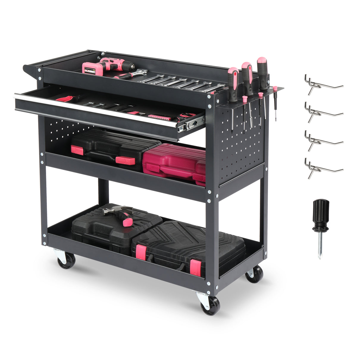 HAOYYE 3-Tier Rolling Tool Cart Heavy Duty Metal Utility Cart with Pegboard Drawer and 4 Hooks Black Large Storage Capacity 330 lb Load Garage Warehouse Repair Shop Organizer