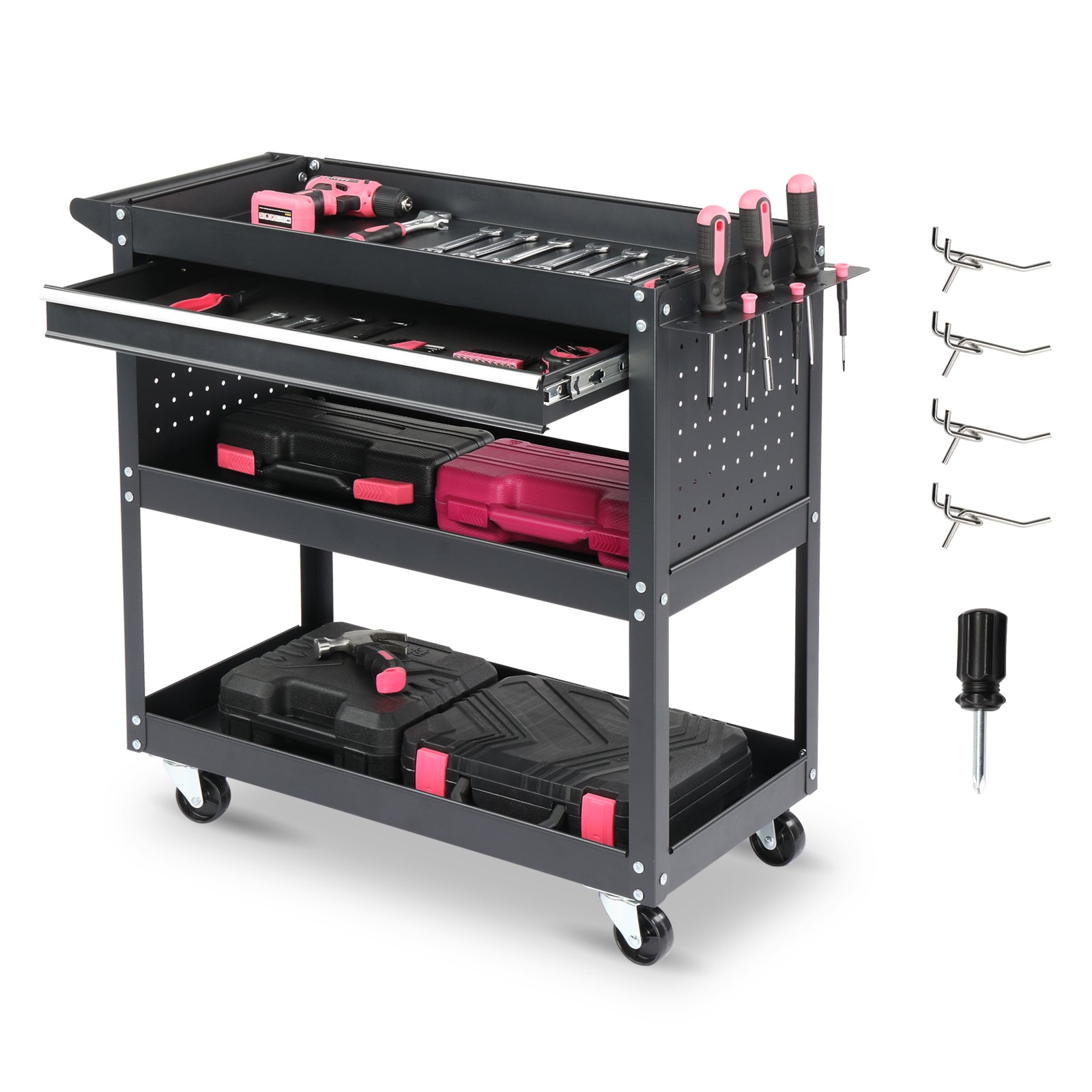 HAOYYE 3-Tier Rolling Tool Cart Heavy Duty Metal Utility Cart with Pegboard Drawer and 4 Hooks Black Large Storage Capacity 330 lb Load Garage Warehouse Repair Shop Organizer